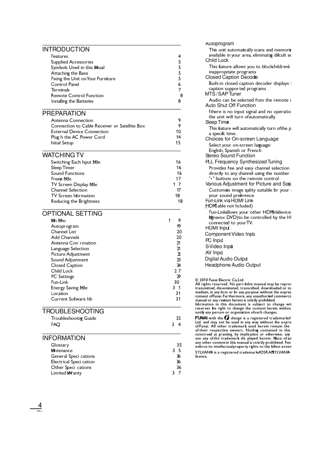 Sylvania LC190SL1 owner manual Introduction, Contents, Features 