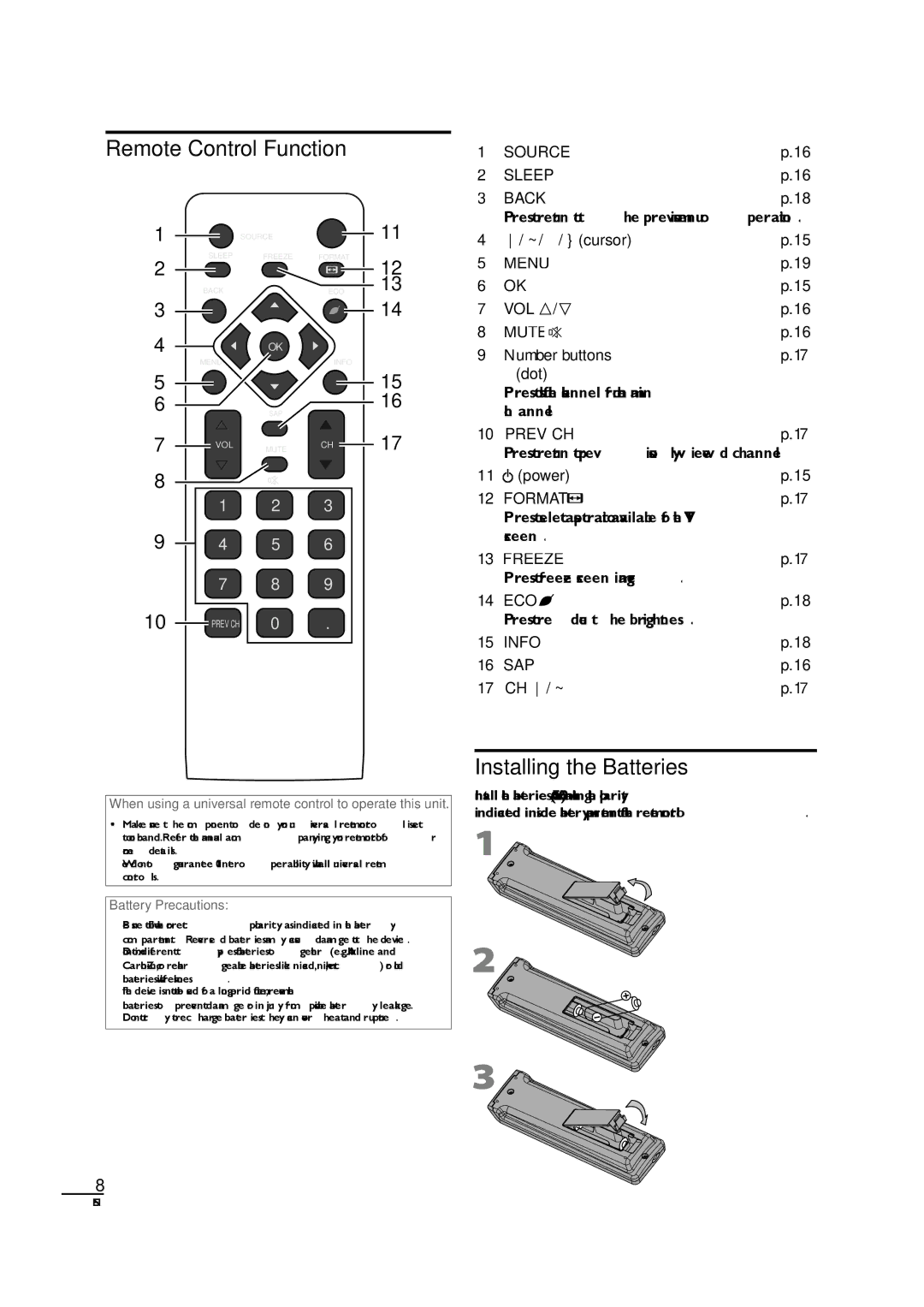 Sylvania LC190SL1 owner manual Remote Control Function, Installing the Batteries 