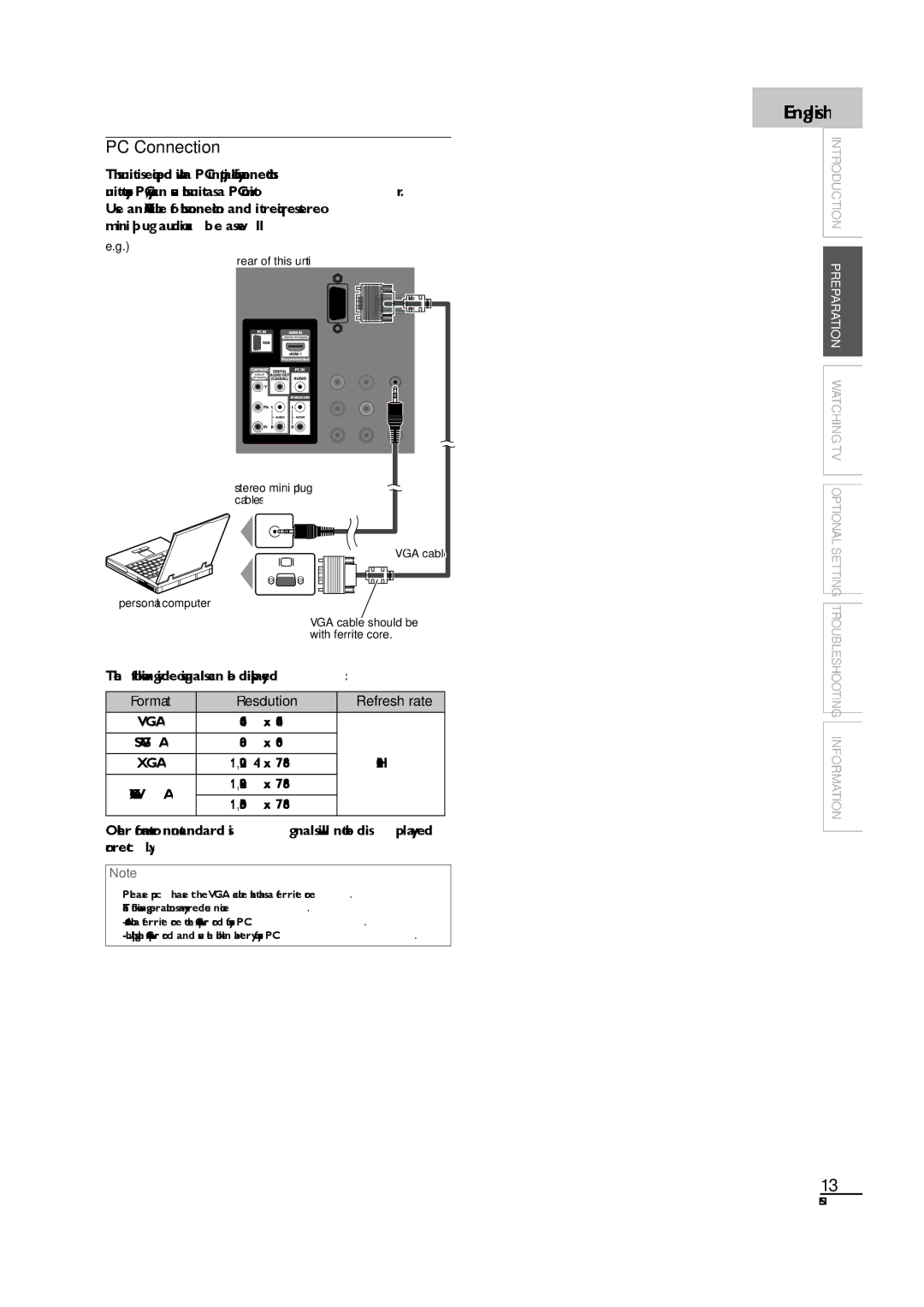 Sylvania LC190SL1 owner manual PC Connection, Following video signals can be displayed, 640 x, 800 x 