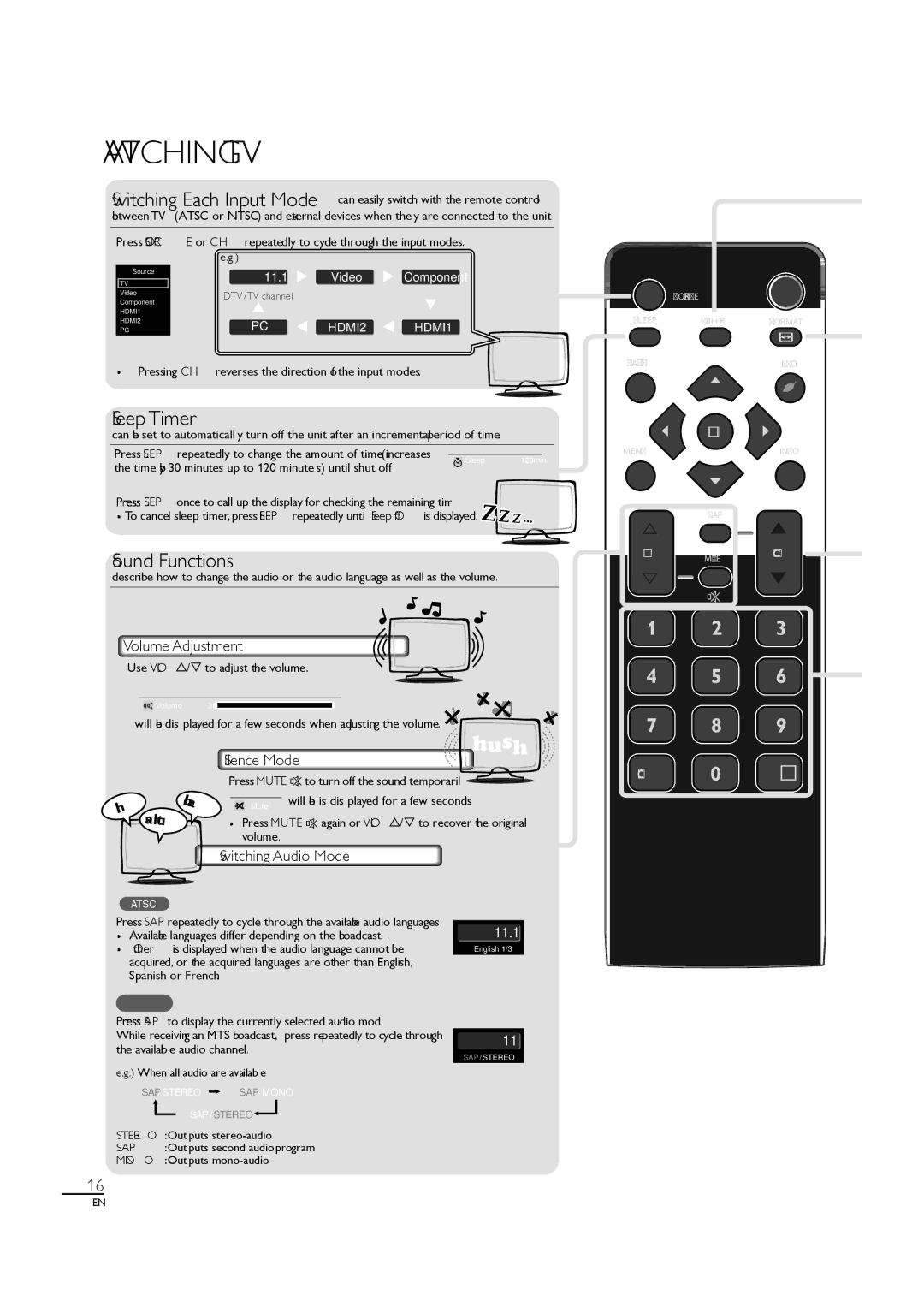 Sylvania LC190SL1 owner manual Watching TV, Volume Adjustment, Silence Mode, Switching Audio Mode 