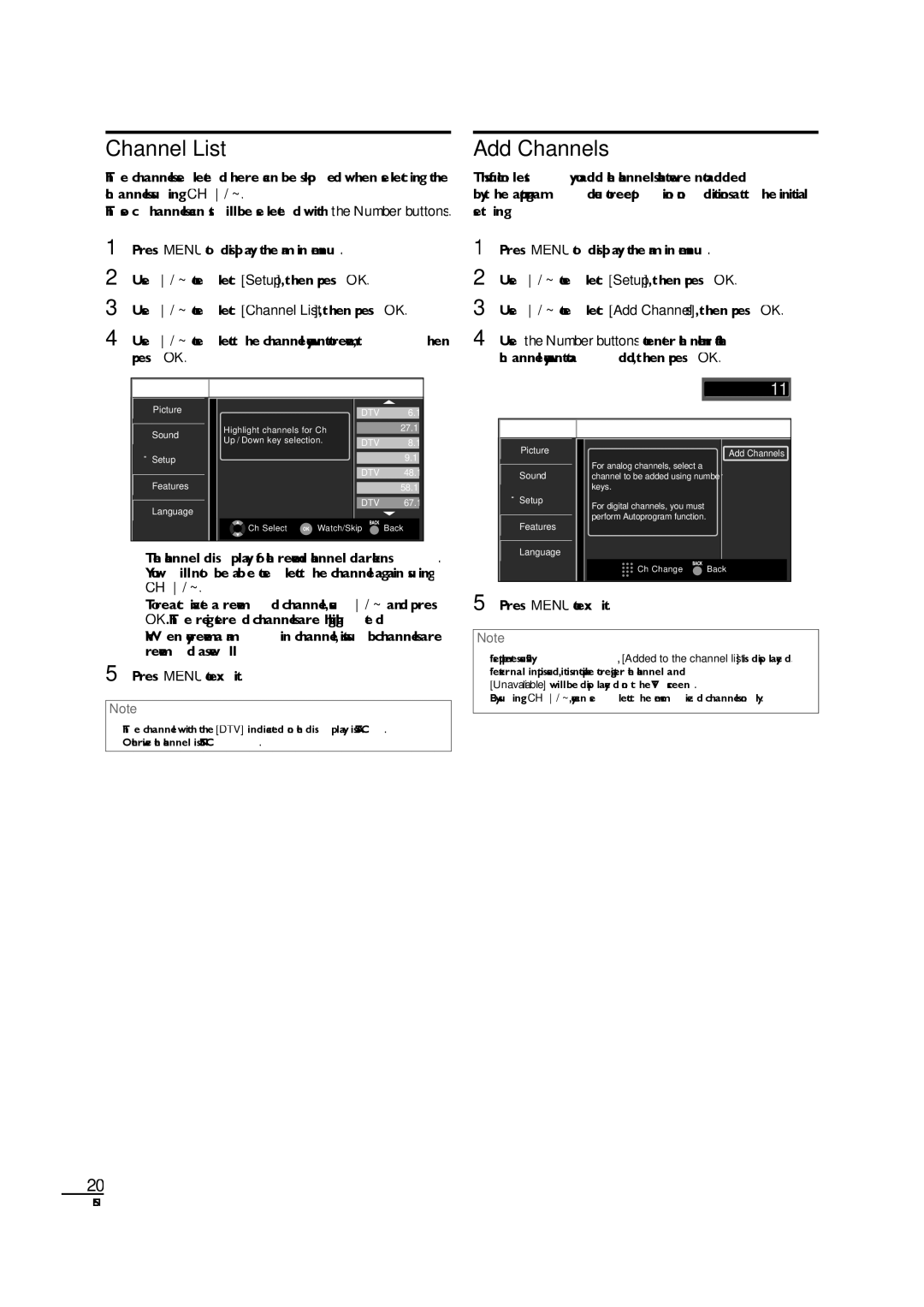 Sylvania LC190SL1 owner manual Channel List, Add Channels, By using CH /, you can select the memorized channels only 