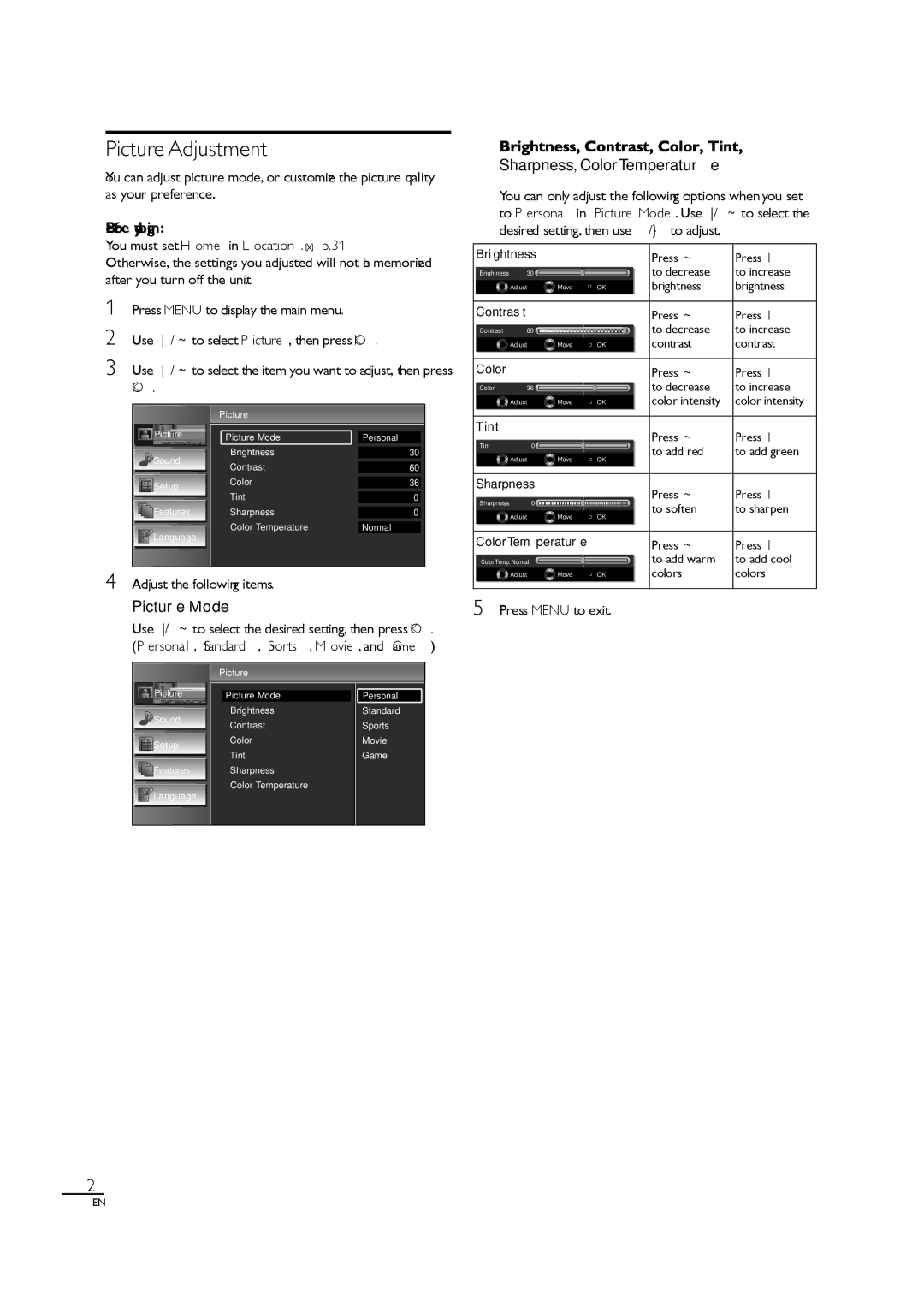 Sylvania LC190SL1 owner manual Picture Adjustment, Sharpness, Color Temperature, Picture Mode, Adjust the following items 