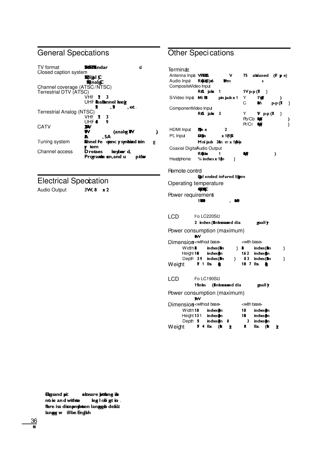 Sylvania LC190SL1 owner manual General Speciﬁcations, Other Speciﬁcations, Electrical Speciﬁcation 