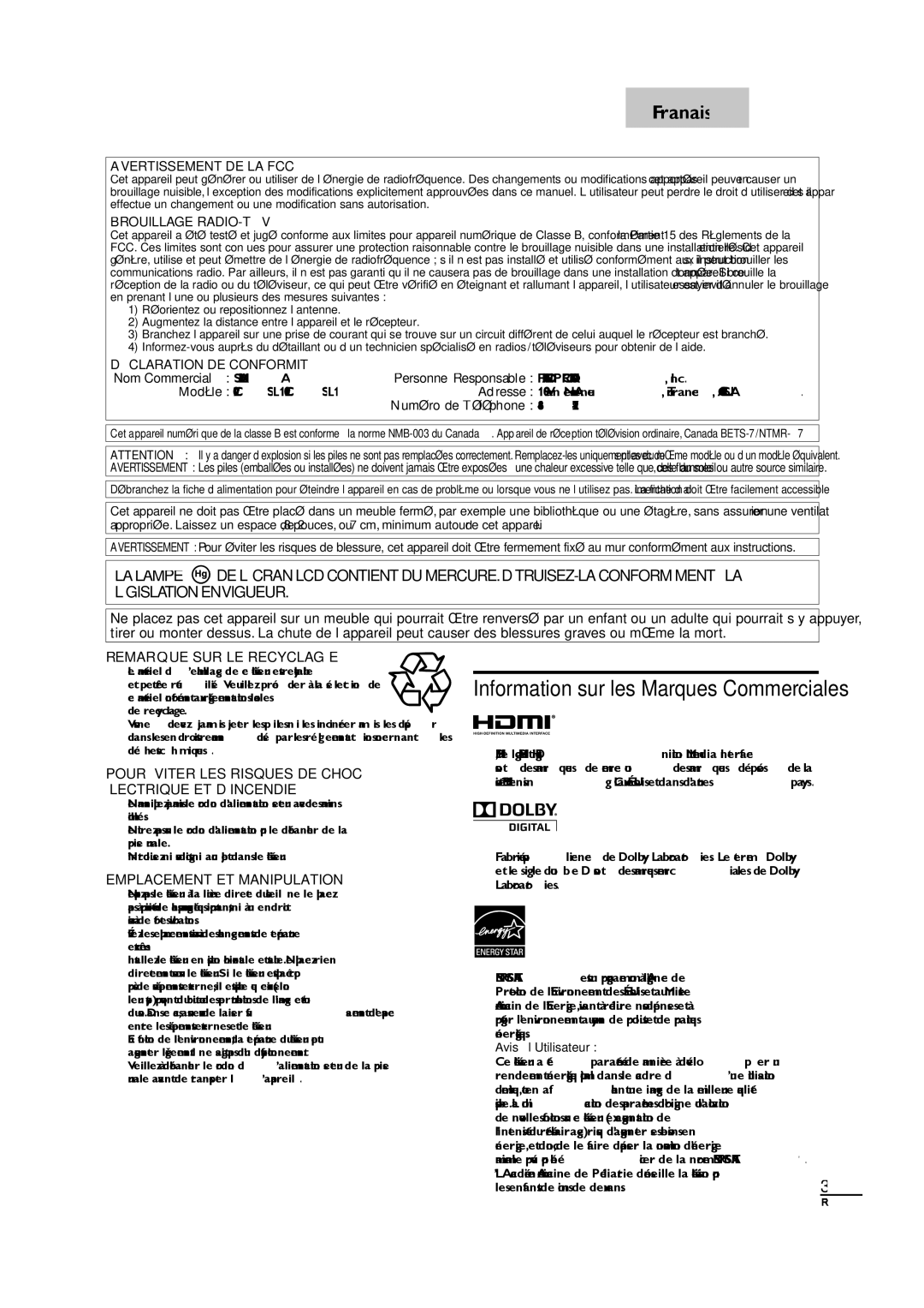 Sylvania owner manual Personne Responsable Funai CORPORATION, Inc, Nom Commercial Sylvania, Modèle LC220SL1/LC190SL1 