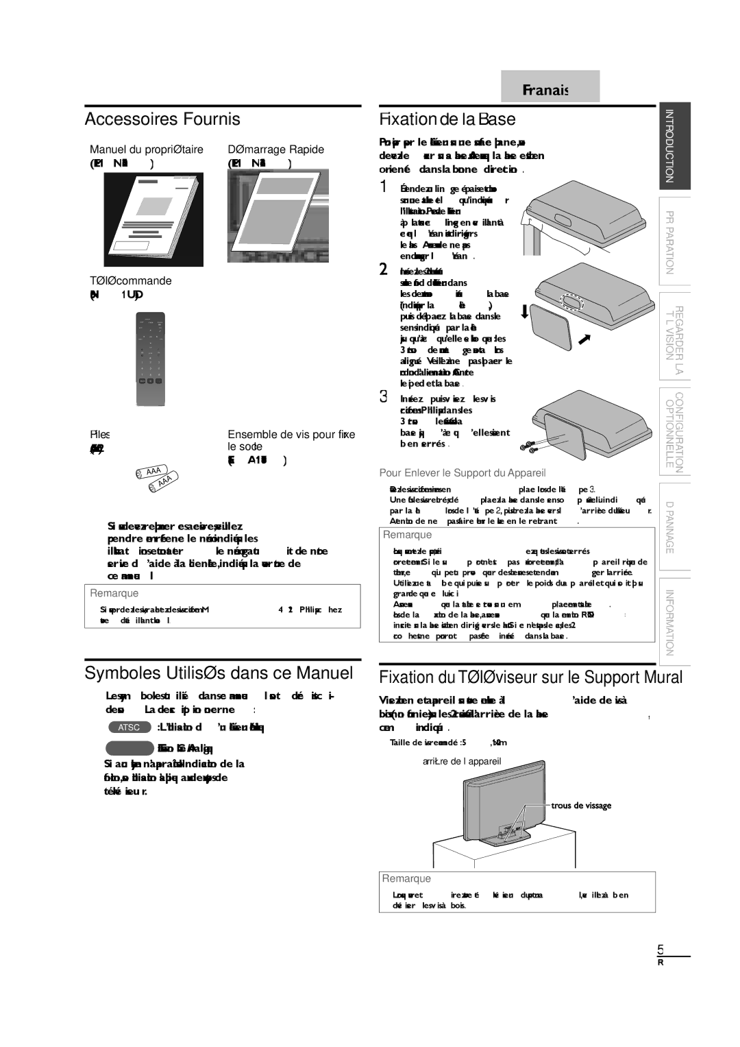 Sylvania LC190SL1 Accessoires Fournis, Symboles Utilisés dans ce Manuel, Fixation du Téléviseur sur le Support Mural 