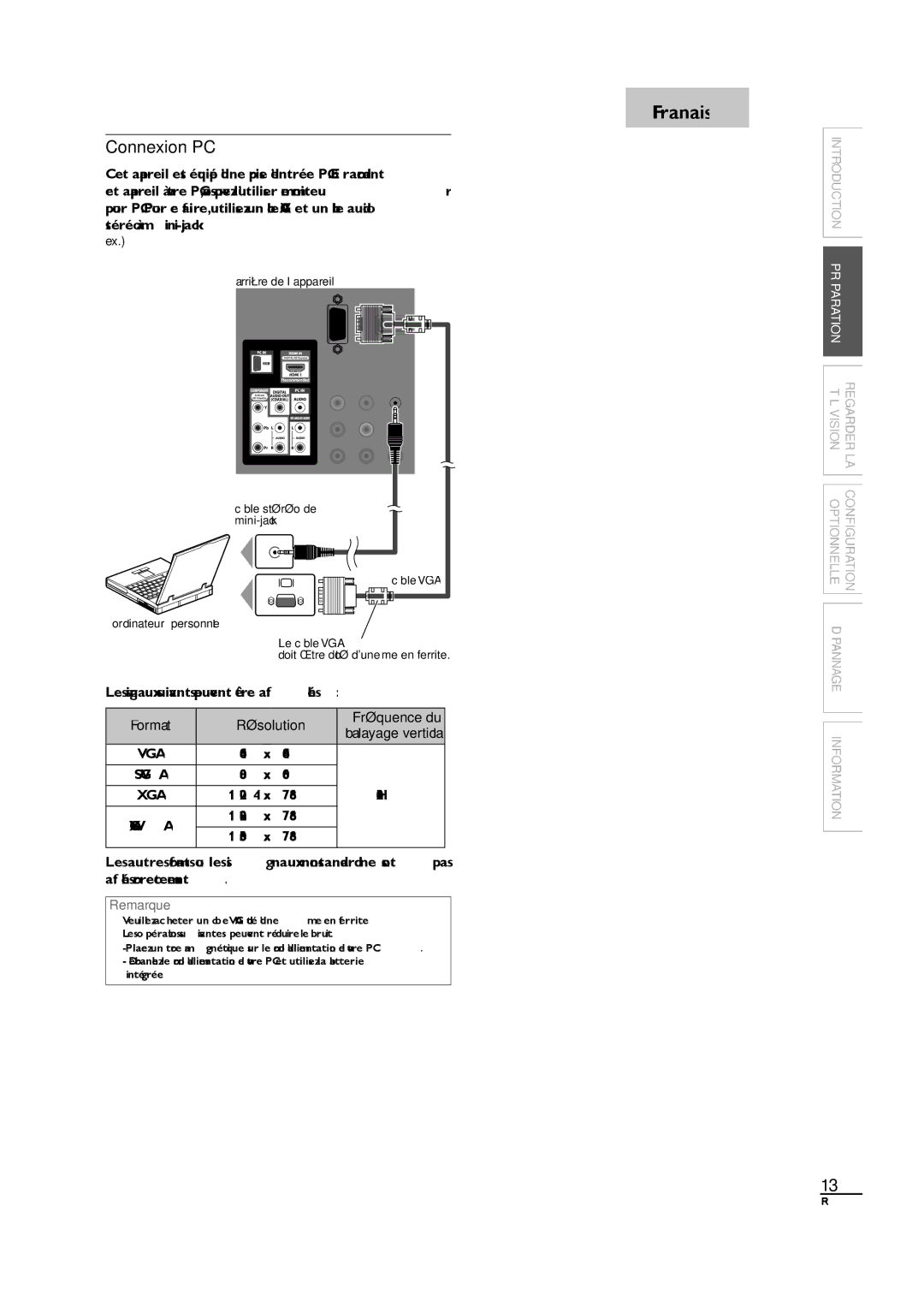 Sylvania LC190SL1 owner manual Connexion PC, 640 480, 800 600, 024 768 60Hz, Câble stéréo de à mini-jack 