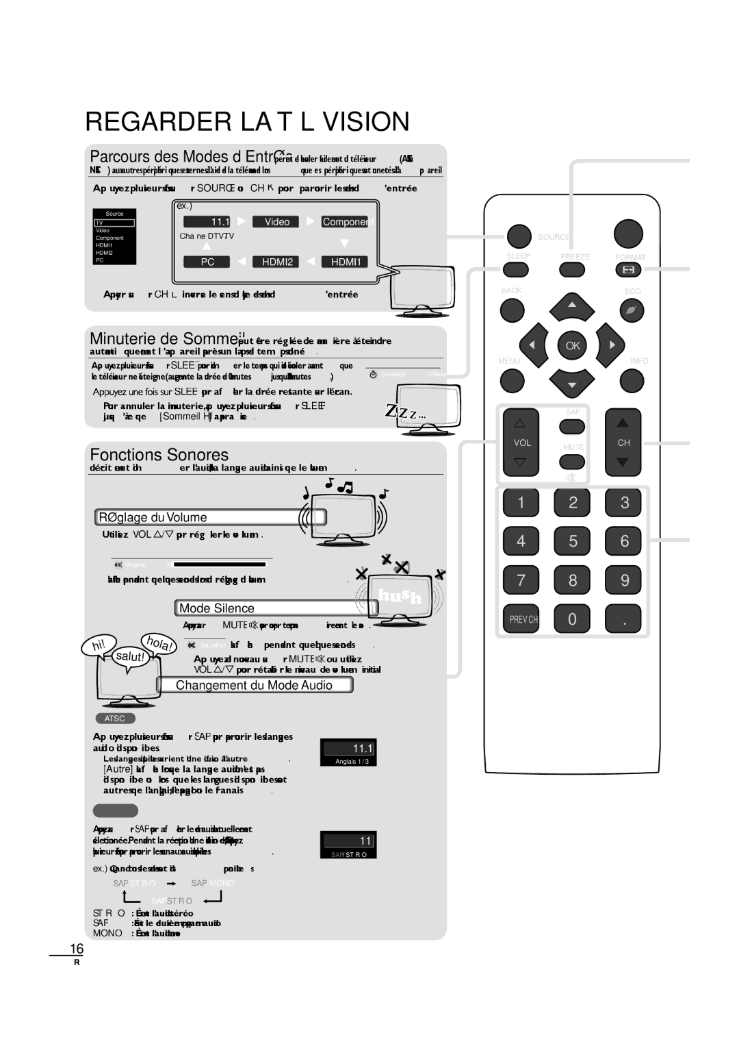 Sylvania LC190SL1 owner manual Regarder LA Télévision, Réglage du Volume, Mode Silence, Changement du Mode Audio 