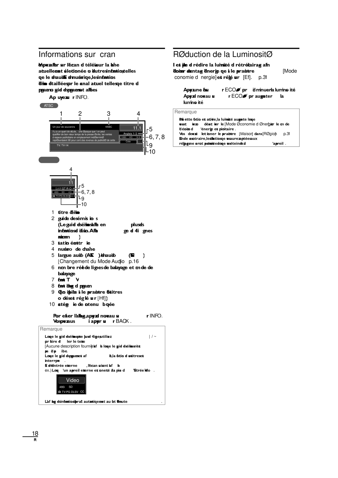 Sylvania LC190SL1 owner manual Informations sur Écran, Réduction de la Luminosité, Appuyez sur Info 