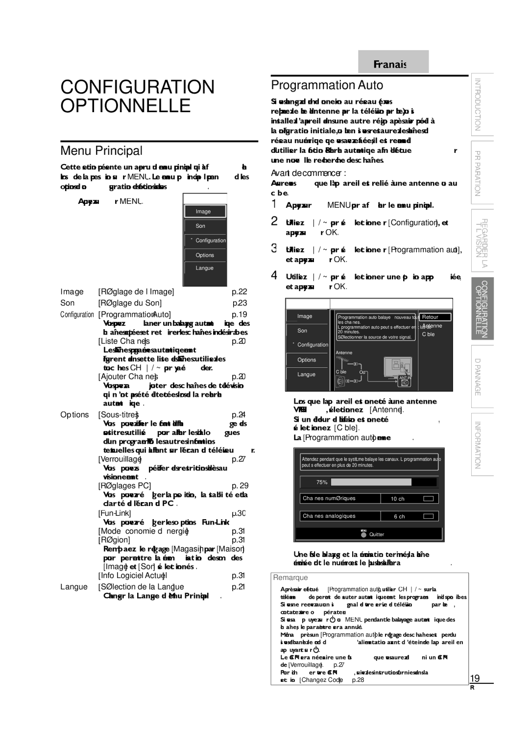 Sylvania LC190SL1 owner manual Configuration, Optionnelle, Programmation Auto, Menu Principal 