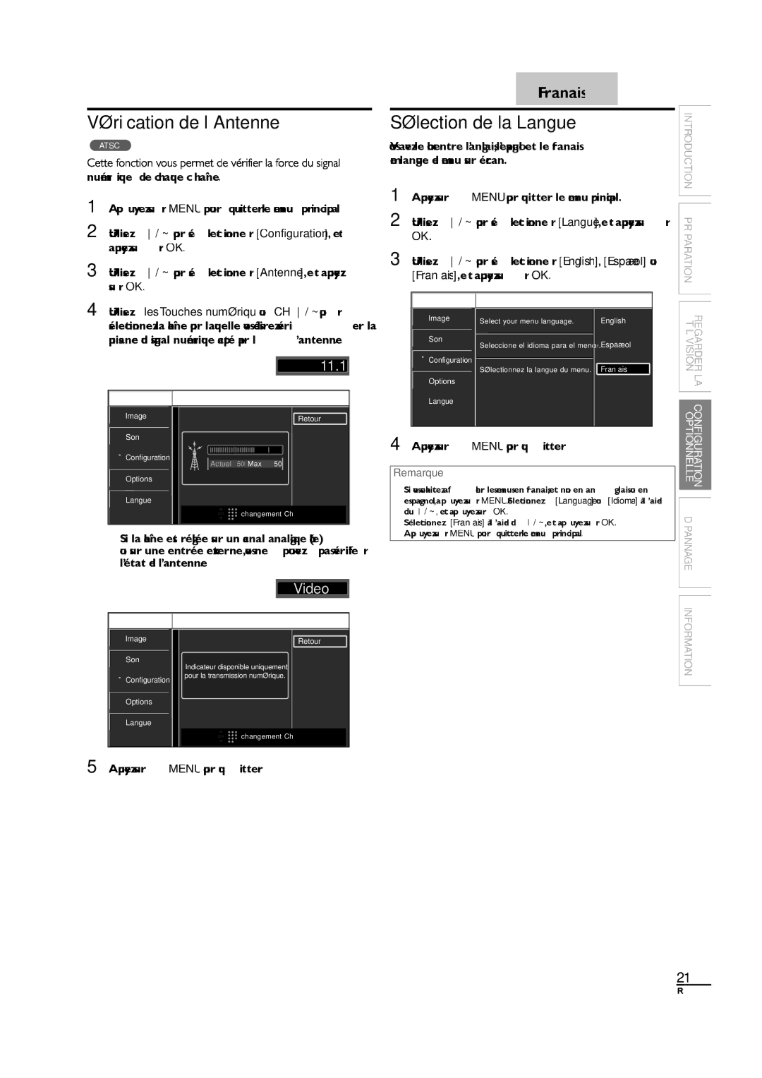 Sylvania LC190SL1 owner manual Vériﬁcation de l’Antenne, Sélection de la Langue, Comme langue de menu sur écran 