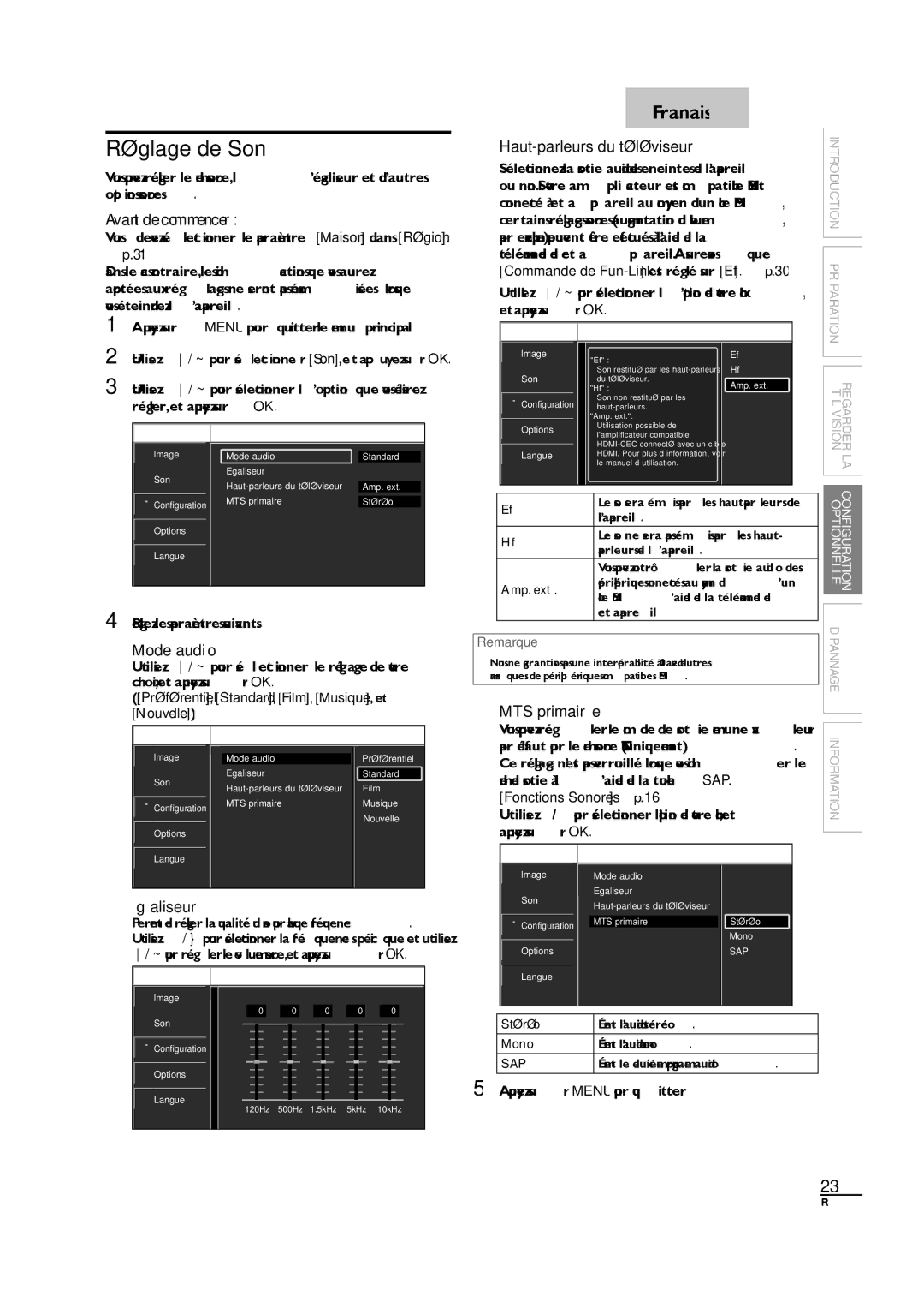 Sylvania LC190SL1 owner manual Réglage de Son, Haut-parleurs du téléviseur, Mode audio, MTS primaire, Égaliseur 