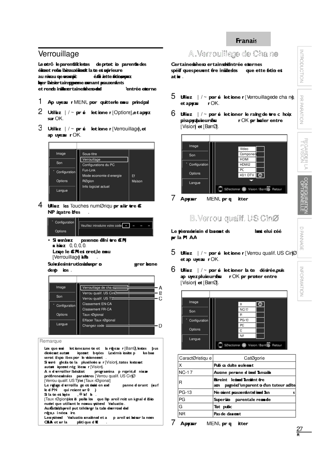 Sylvania LC190SL1 owner manual Verrouillage de Chaîne, Verrou qualif. US Ciné 