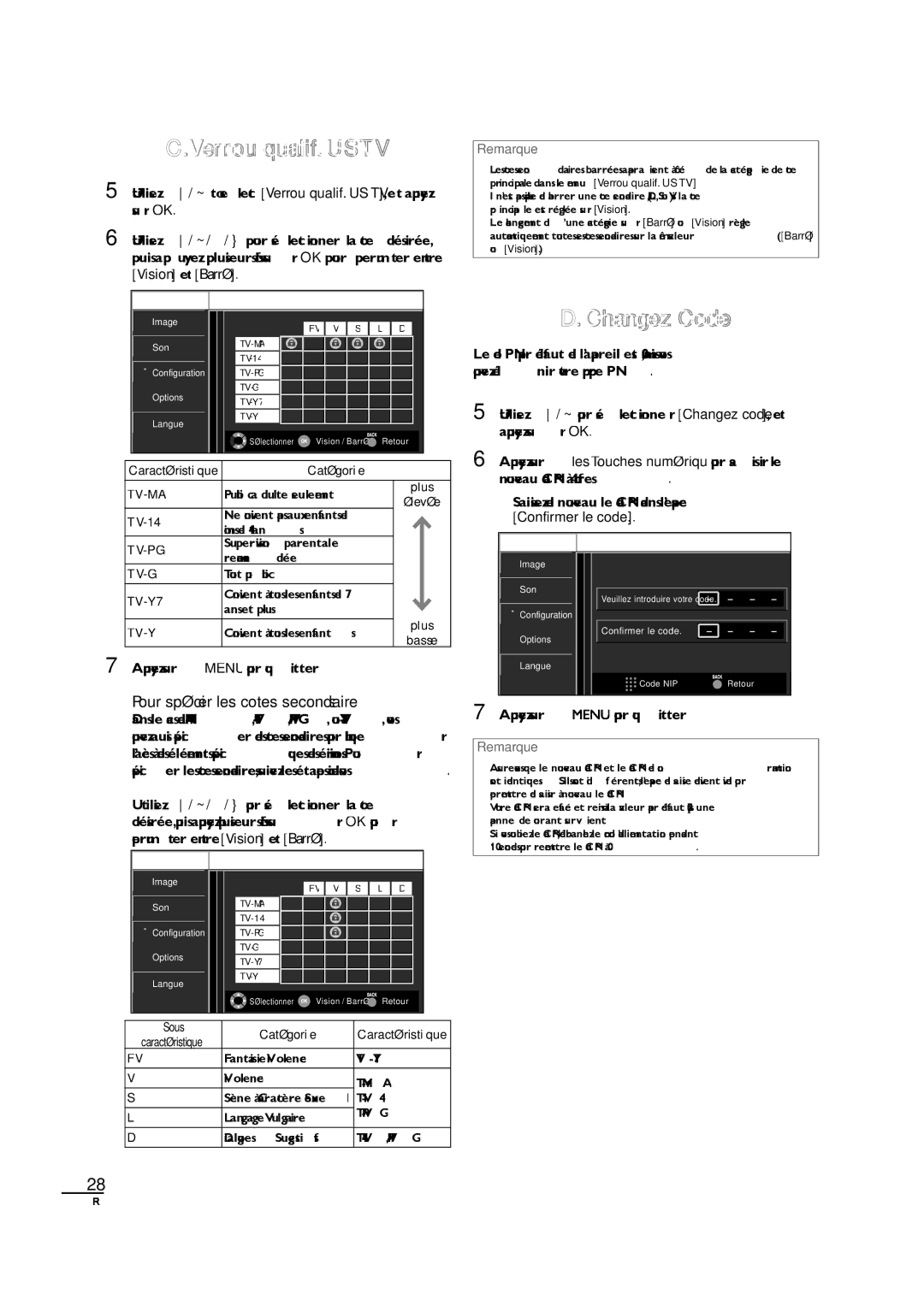 Sylvania LC190SL1 owner manual Verrou qualif. US TV, Changez Code, Appuyez sur pour quitter 