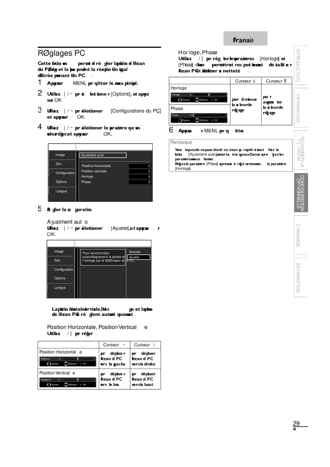 Sylvania LC190SL1 owner manual Réglages PC, Horloge, Phase, Ajustment auto, Position Horizontale, Position Verticale 