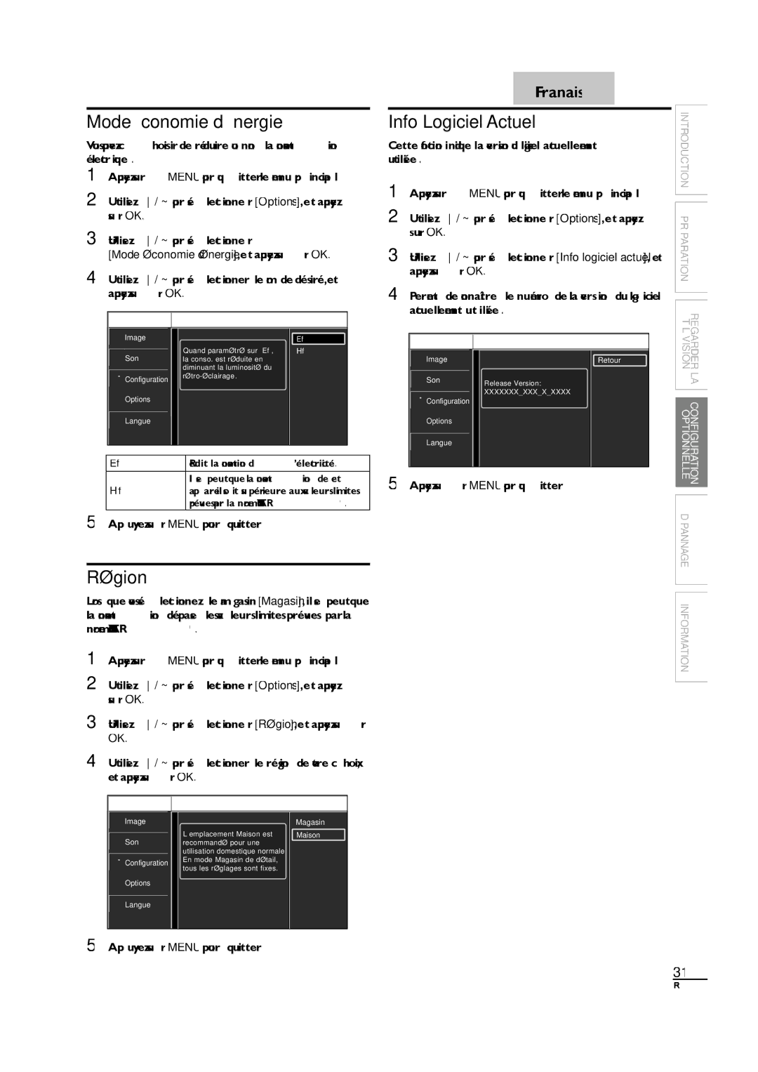 Sylvania LC190SL1 owner manual Mode Économie d’Énergie, Info Logiciel Actuel, Région 