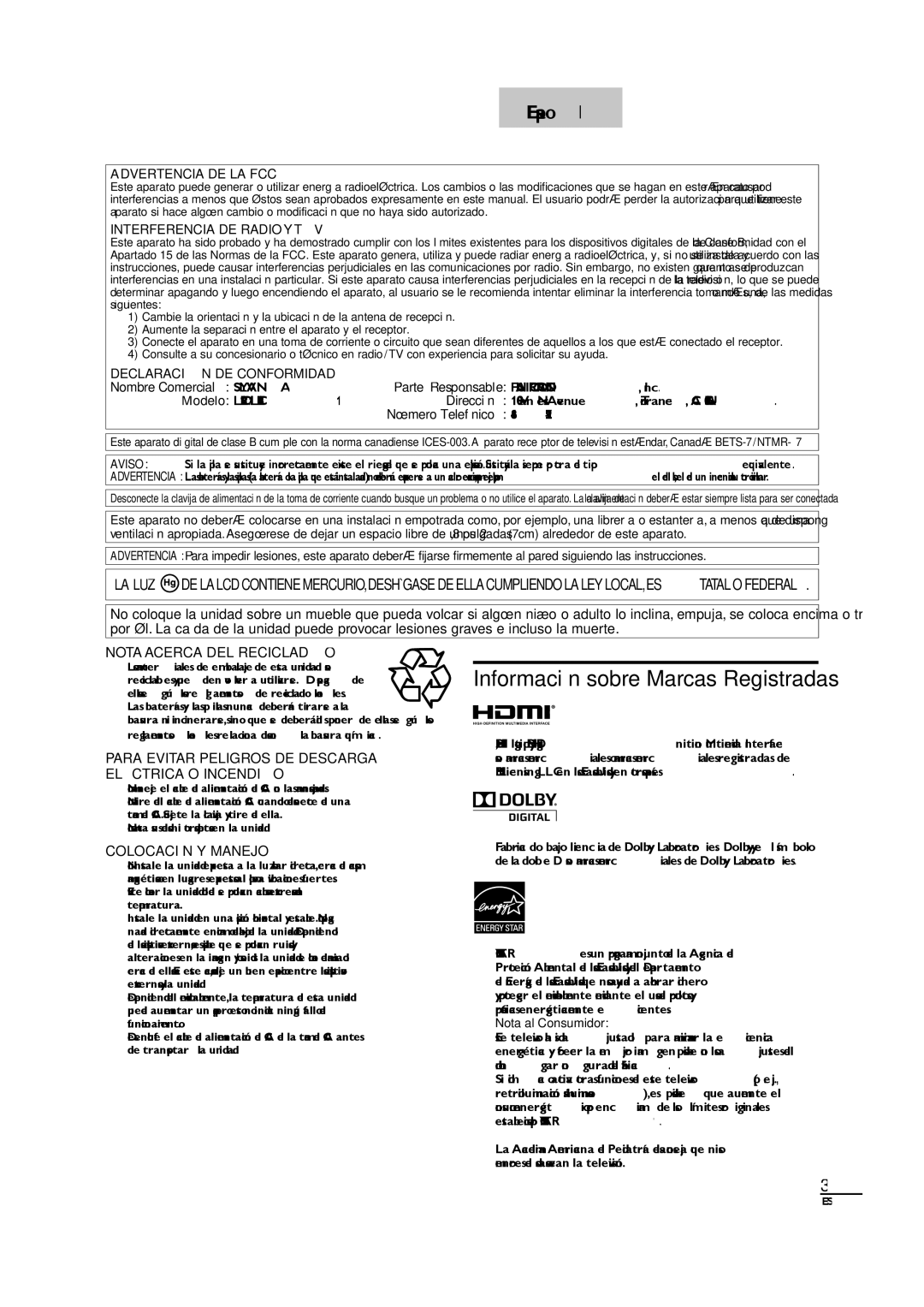 Sylvania Información sobre Marcas Registradas, Parte Responsable Funai CORPORATION, Inc, Modelo LC220SL1/LC190SL1 