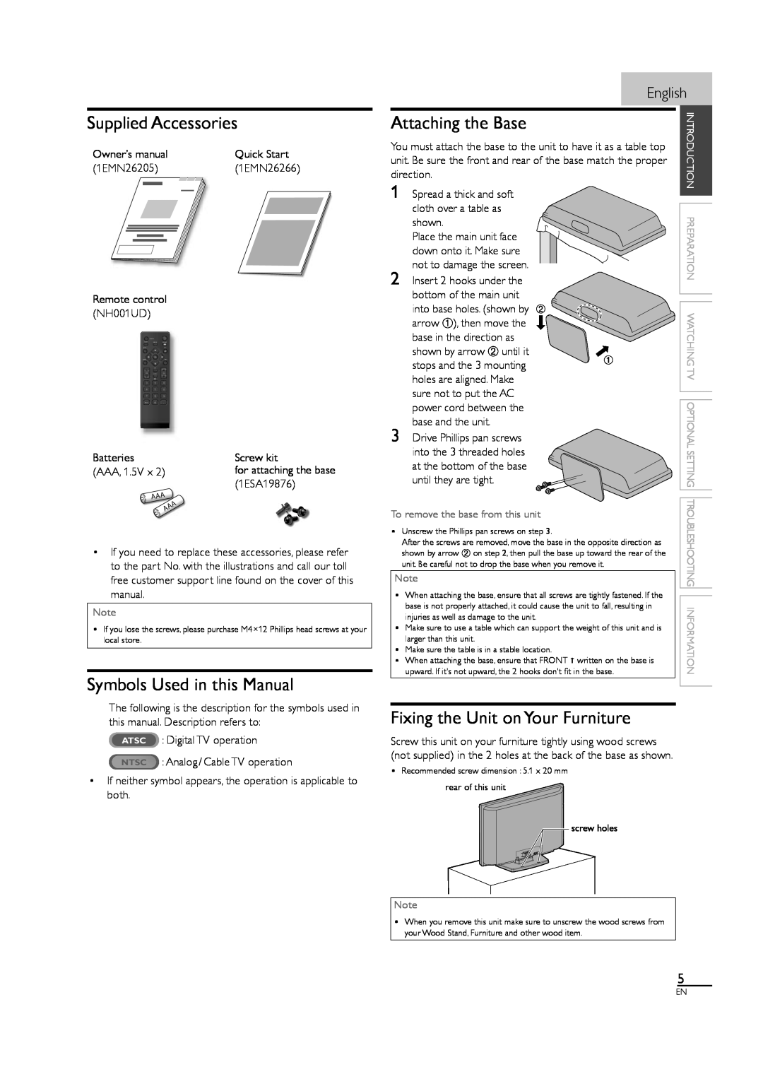 Sylvania LC190SL1 Supplied Accessories, Symbols Used in this Manual, Attaching the Base, Fixing the Unit on Your Furniture 