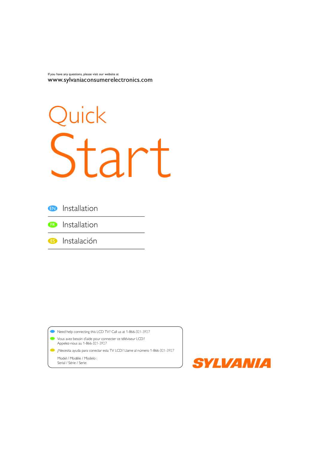 Sylvania LC190SL1 owner manual EN Installation FR Installation ES Instalación, Start, Quick, Appelez-nous au 