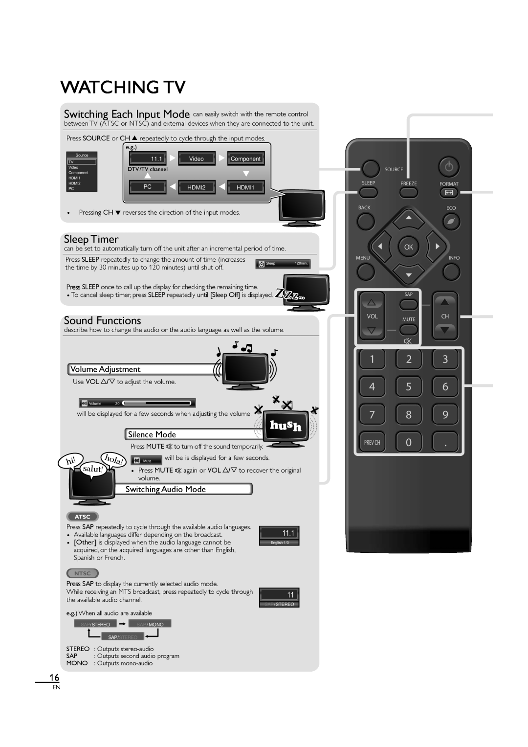 Sylvania LC190SL1 owner manual Watching Tv, Sleep Timer, Sound Functions, 1 2 4 5 7 8, hola, 11.1, Video 