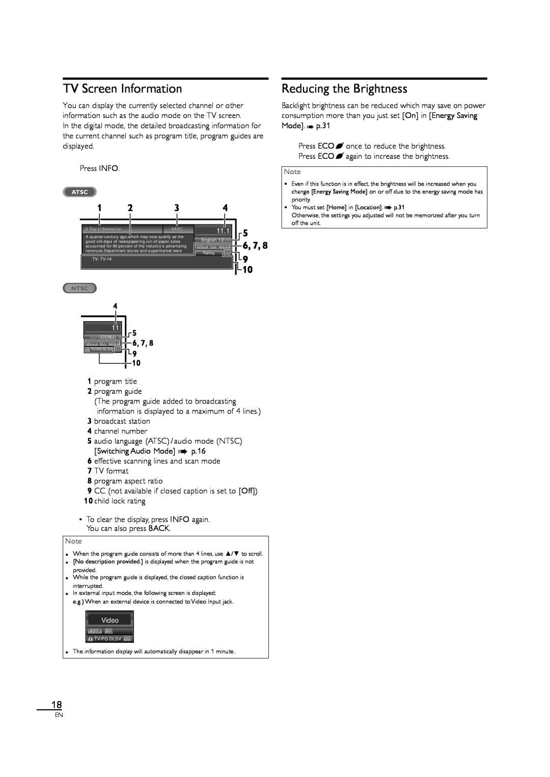Sylvania LC190SL1 owner manual TV Screen Information, Reducing the Brightness, 1 2 3, 6, 7, Video 