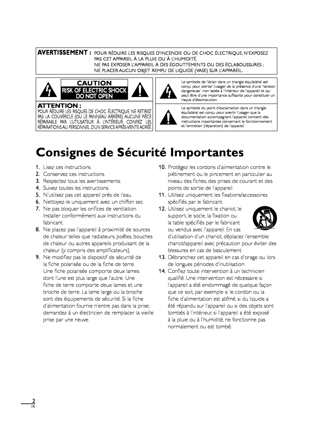 Sylvania LC190SL1 owner manual Consignes de Sécurité Importantes, Risk Of Electric Shock Do Not Open 