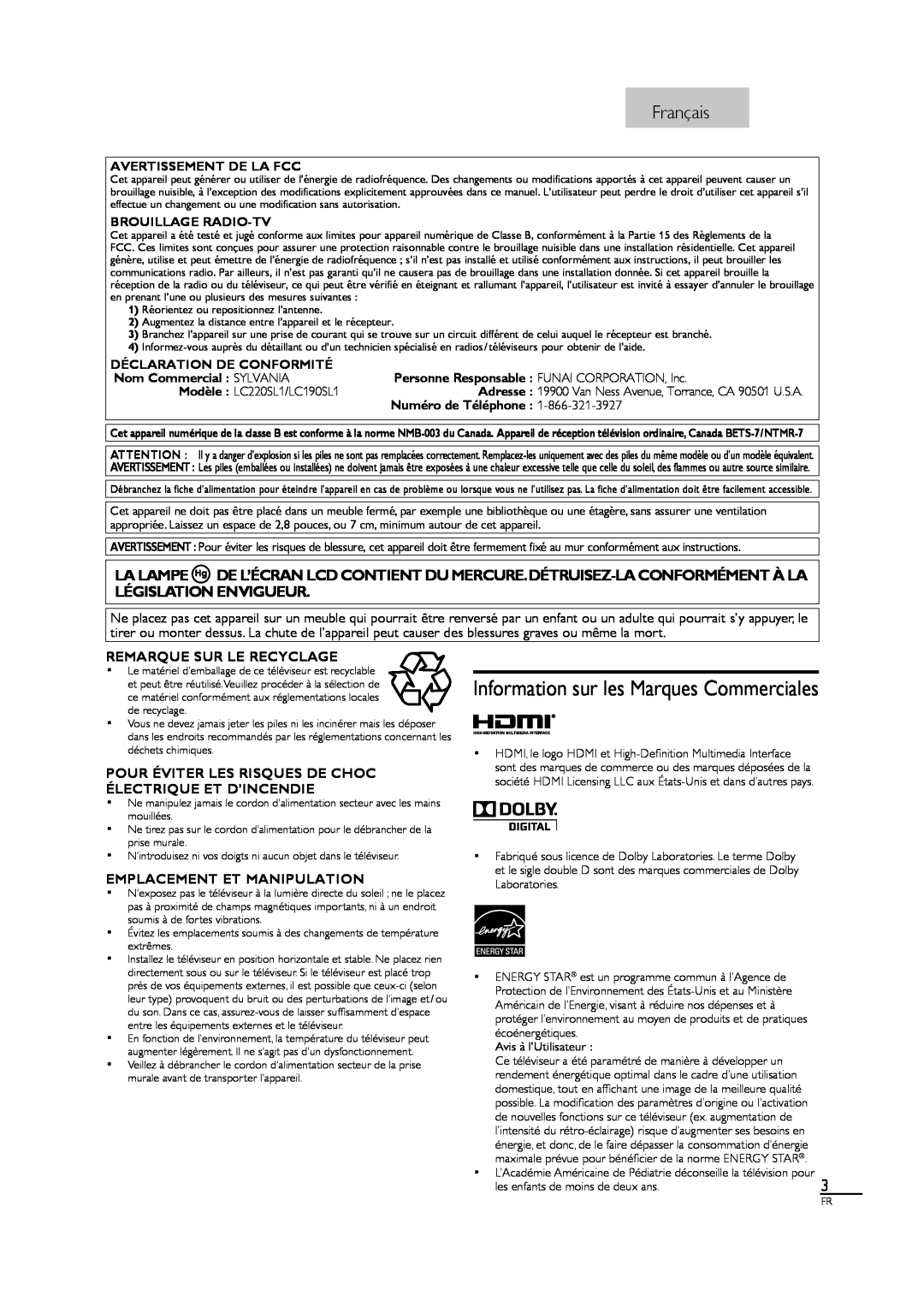 Sylvania LC190SL1 Information sur les Marques Commerciales, Français, Remarque Sur Le Recyclage, Avertissement De La Fcc 