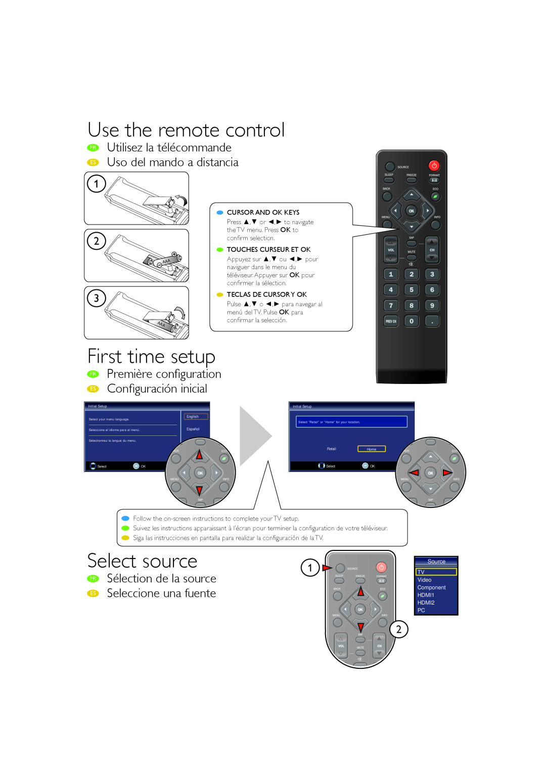 Sylvania LC190SL1 owner manual Use the remote control, First time setup, FR Première conﬁguration ES Conﬁguración inicial 