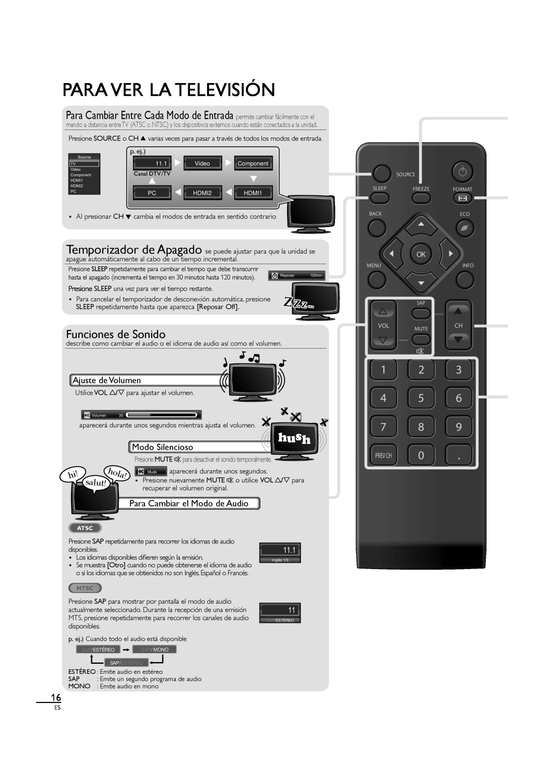 Sylvania LC190SL1 owner manual Para Ver La Televisión, Funciones de Sonido, 1 2 4 5 7 8, hola, 11.1, Video 