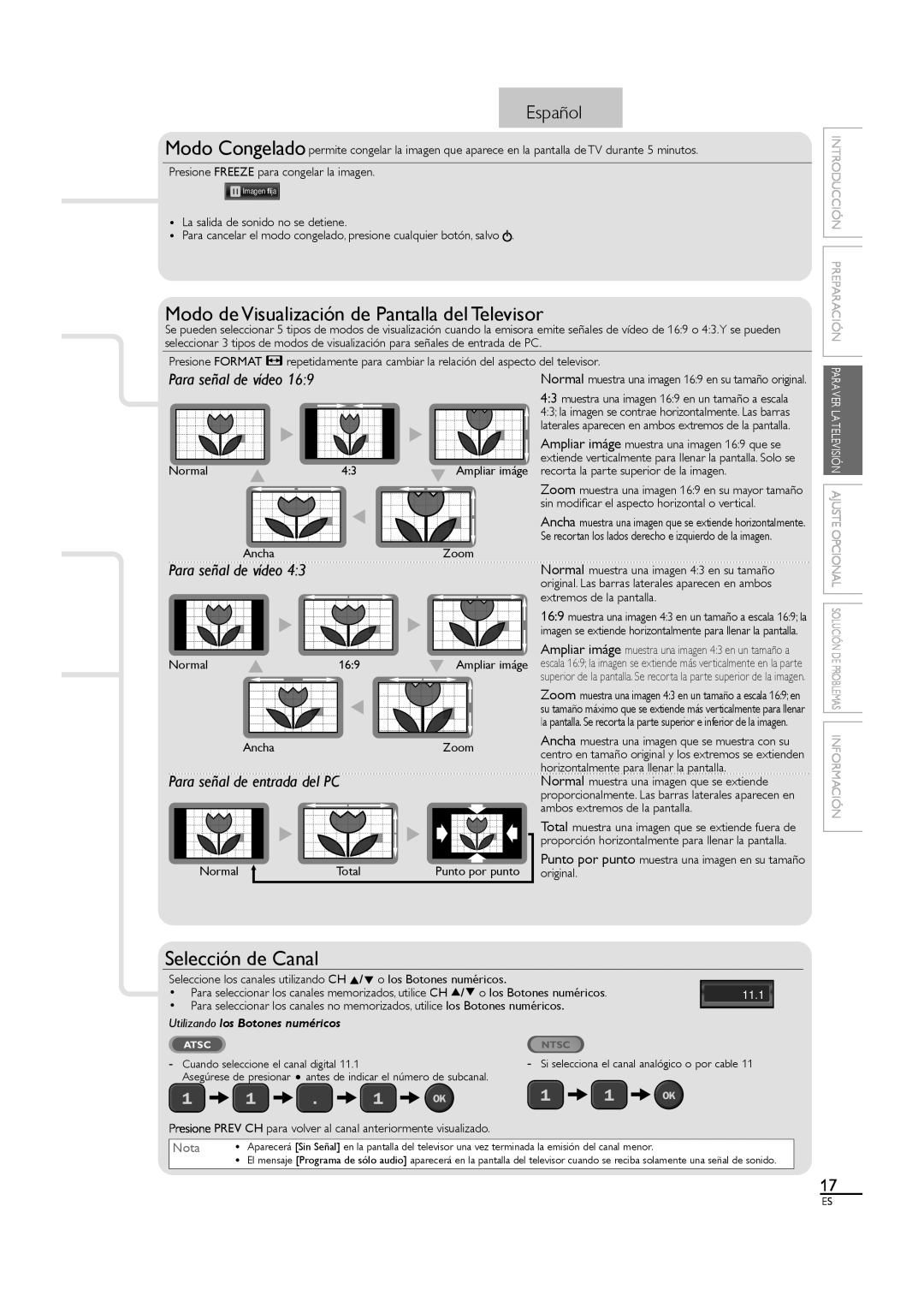 Sylvania LC190SL1 owner manual Modo de Visualización de Pantalla del Televisor, Selección de Canal, Español, 11.1, Nota 