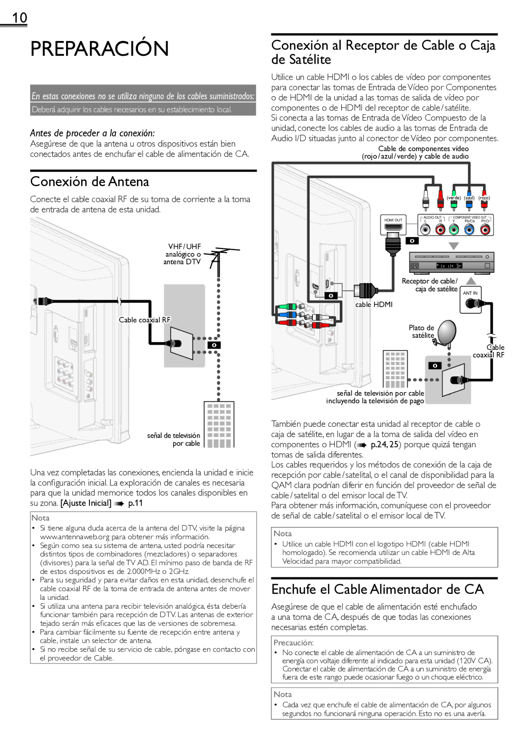 Sylvania lc190ss2 owner manual Preparación, Conexión de Antena, Conexión al Receptor de Cable o Caja de Satélite 