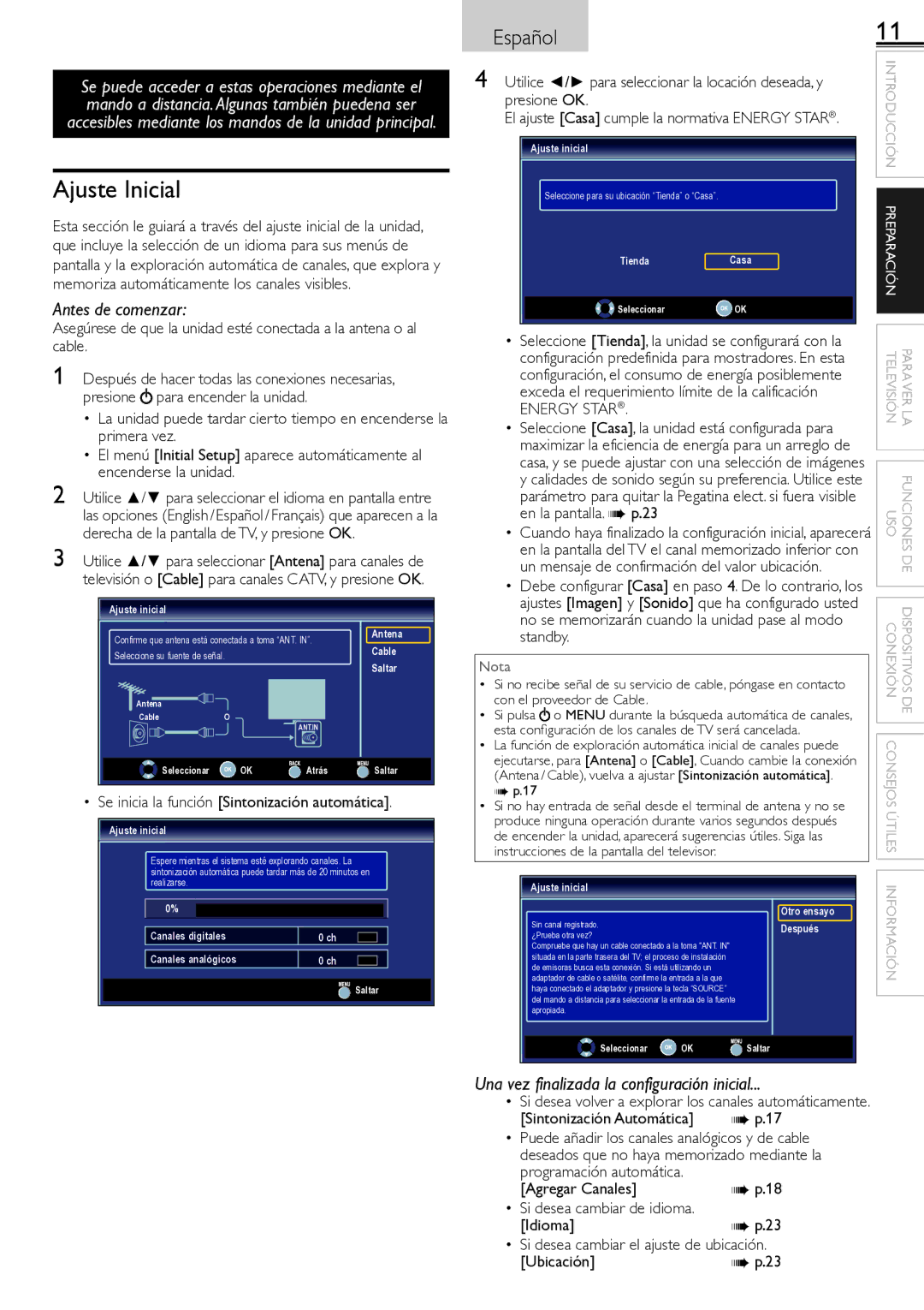 Sylvania lc190ss2 owner manual Ajuste Inicial, Se inicia la función Sintonización automática, Standby 