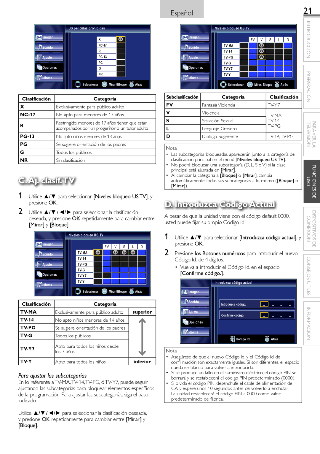 Sylvania lc190ss2 owner manual Código Id. de 4 dígitos, Vuelva a introducir el Código Id. en el espacio, Confirme código 