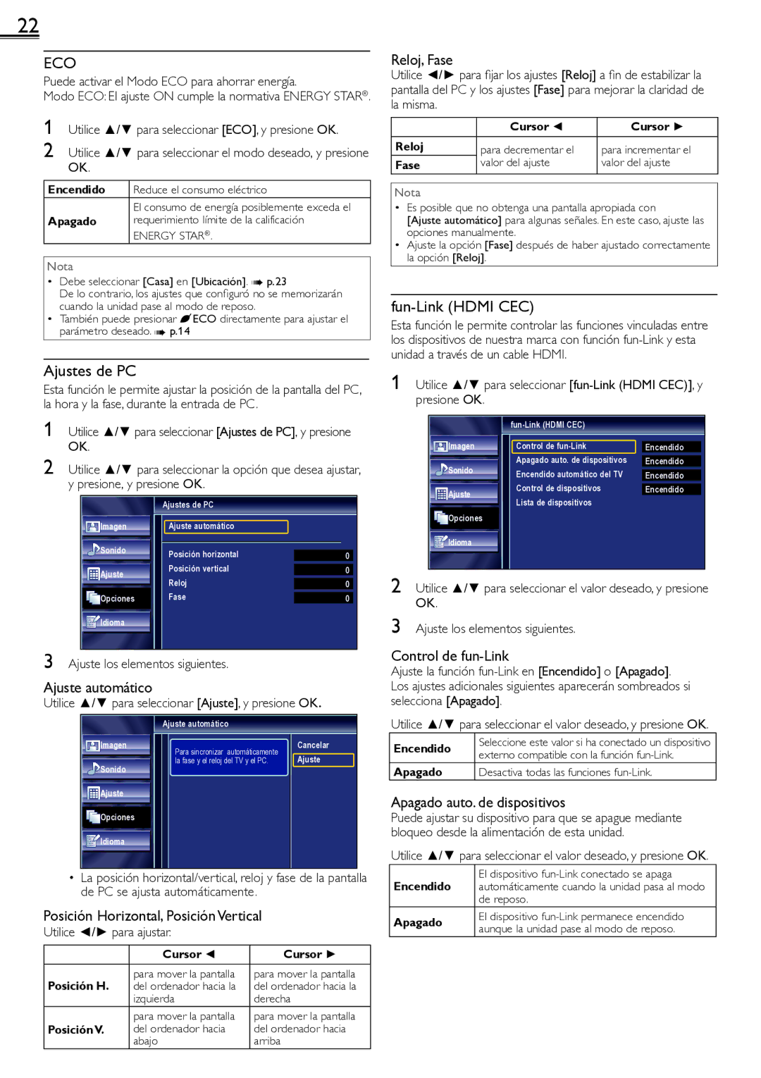 Sylvania lc190ss2 owner manual Ajustes de PC, Fun-Link Hdmi CEC 