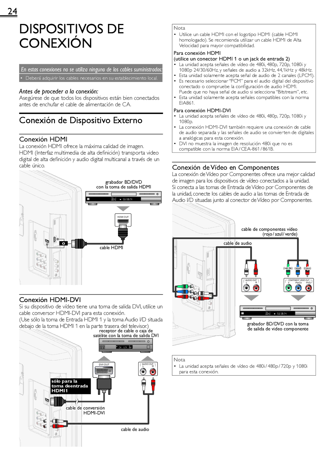 Sylvania lc190ss2 owner manual Dispositivos DE Conexión, Conexión de Dispositivo Externo, Conexión Hdmi, Conexión HDMI-DVI 