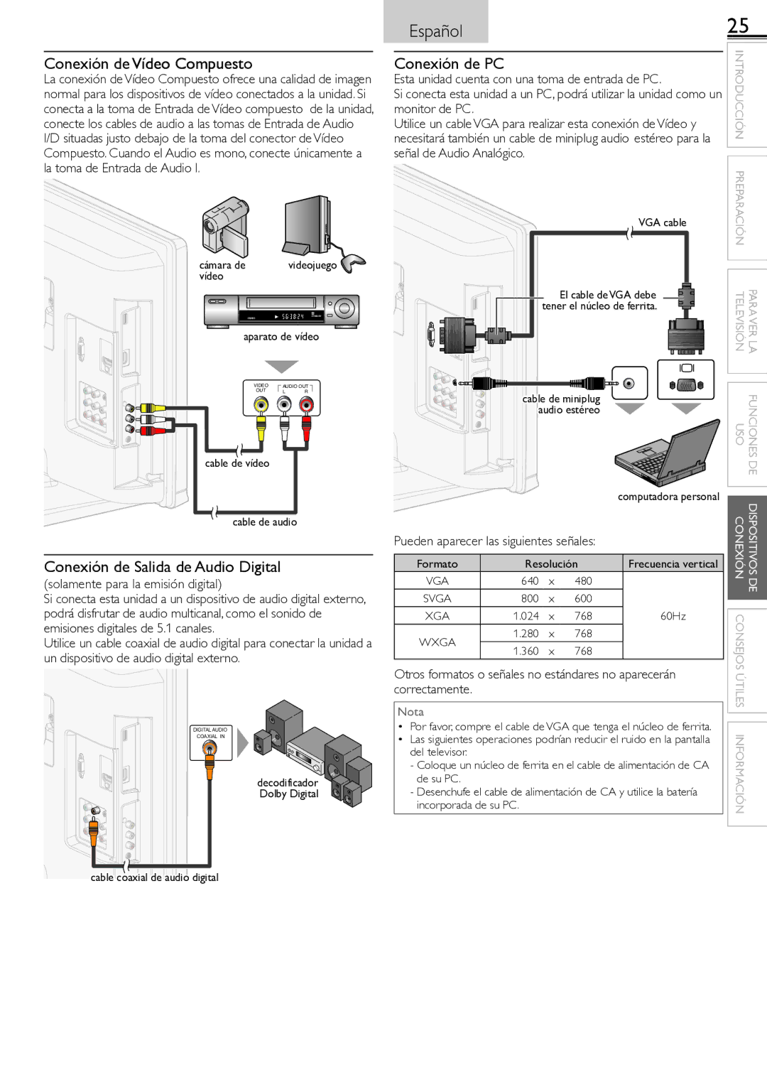 Sylvania lc190ss2 owner manual Conexión de Vídeo Compuesto, Conexión de Salida de Audio Digital, Conexión de PC 