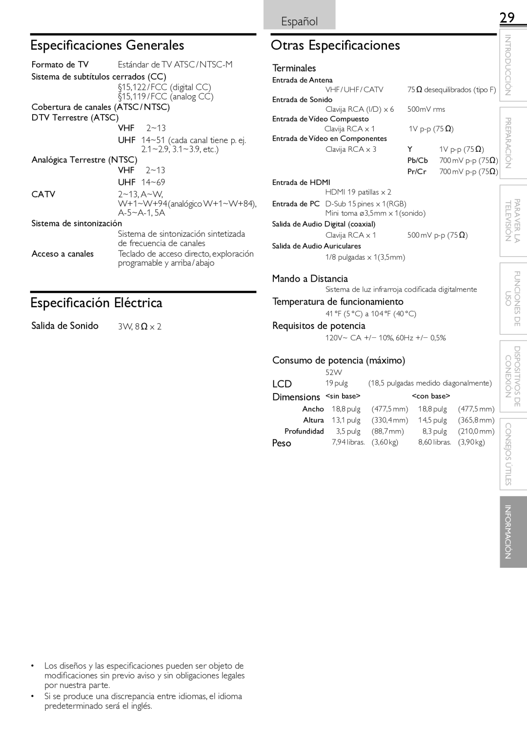 Sylvania lc190ss2 owner manual Especiﬁcaciones Generales, Especiﬁcación Eléctrica, Otras Especiﬁcaciones, Español 