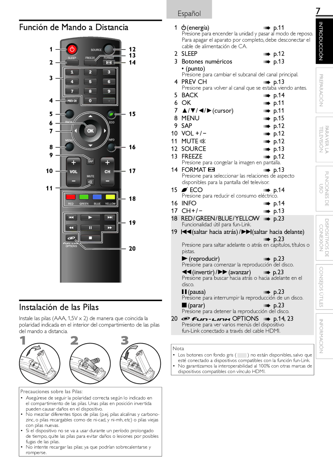 Sylvania lc190ss2 owner manual Función de Mando a Distancia Instalación de las Pilas 