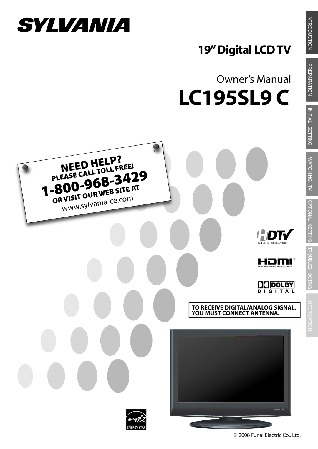 Sylvania LC195SL9C owner manual LC195SL9 C, To Receive DIGITAL/ANALOG SIGNAL, YOU Must Connect Antenna 