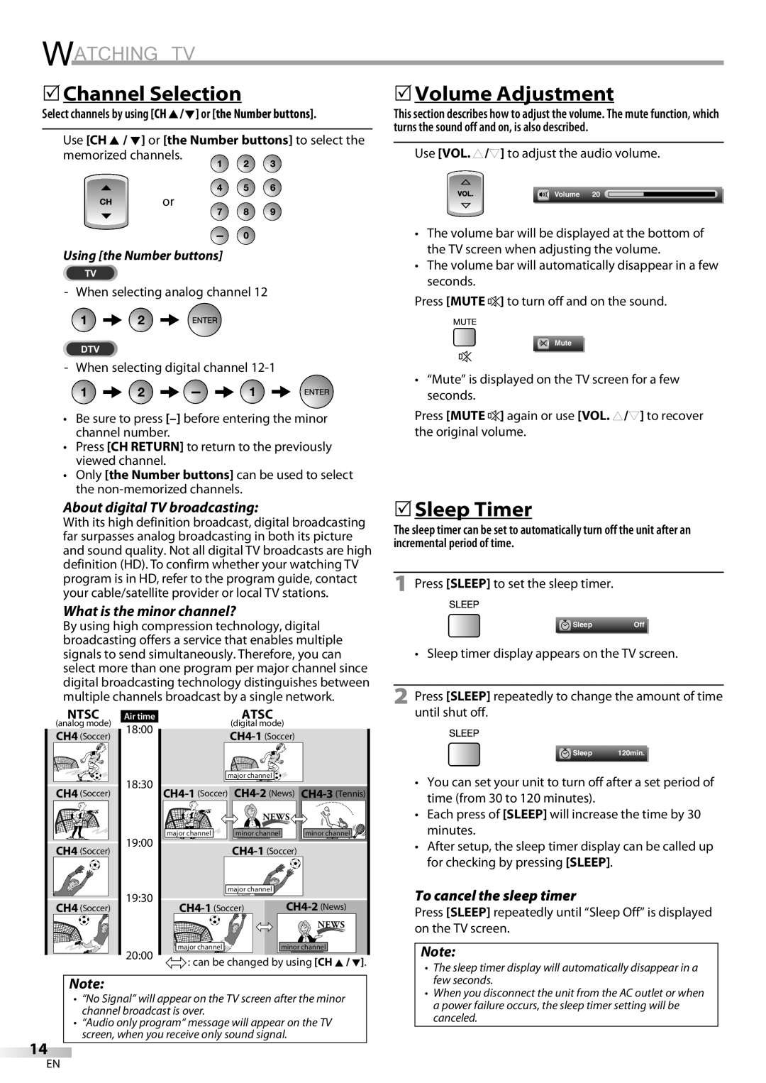 Sylvania LC195SL9C owner manual Watching TV, 5Channel Selection, 5Volume Adjustment, 5Sleep Timer 