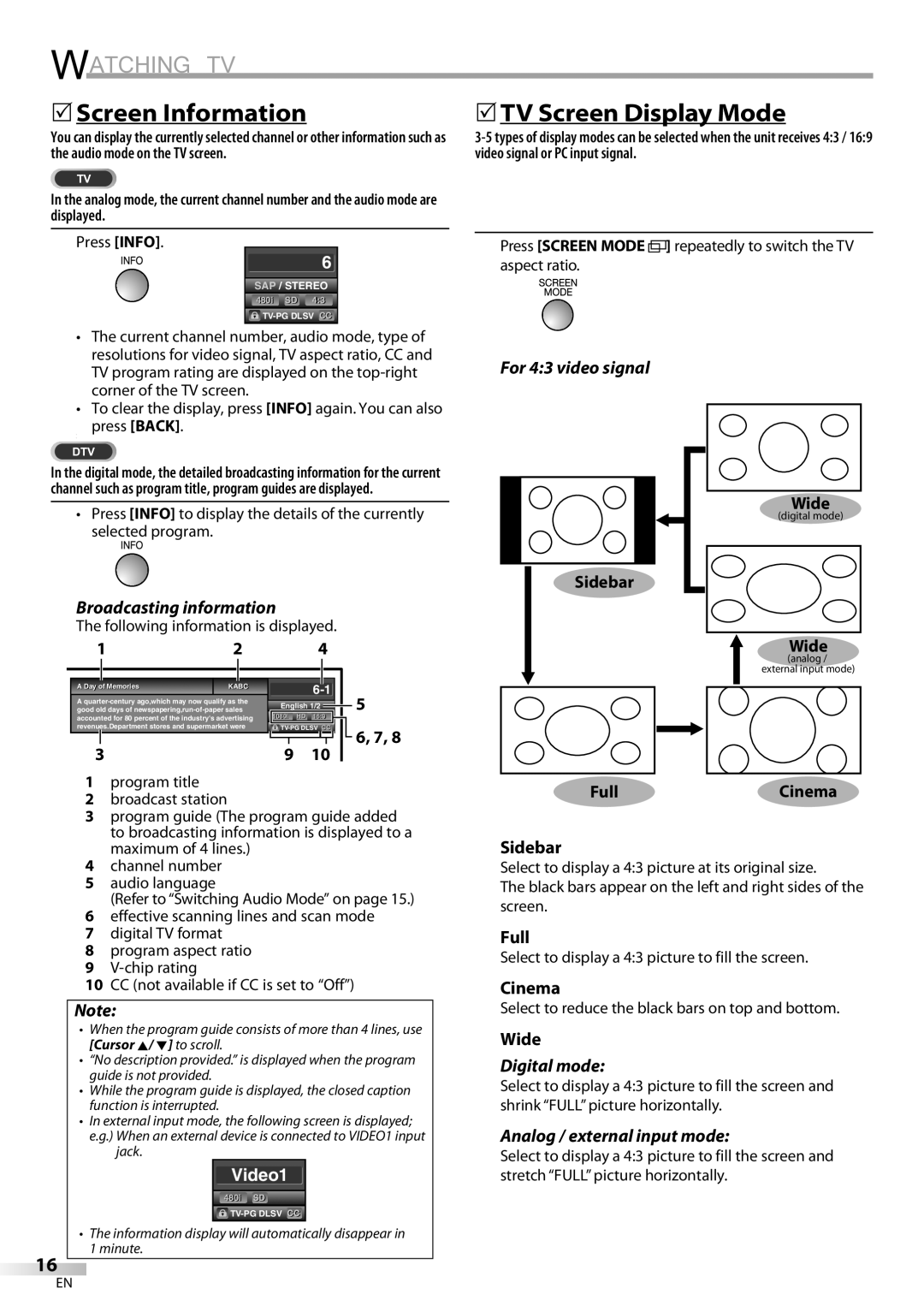 Sylvania LC195SL9C owner manual 5Screen Information, 5TV Screen Display Mode 