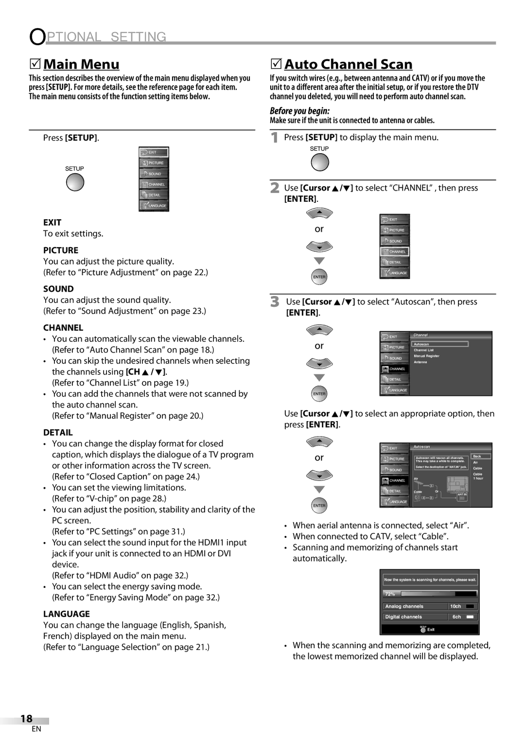 Sylvania LC195SL9C owner manual Optional Setting, 5Main Menu, 5Auto Channel Scan 