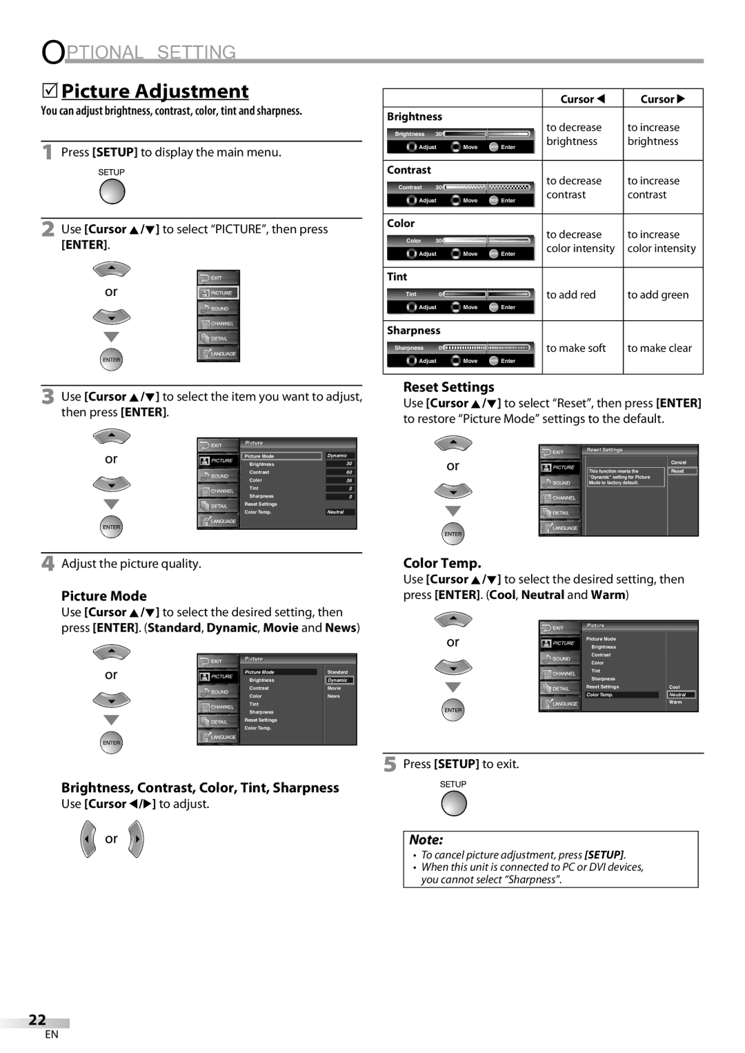 Sylvania LC195SL9C owner manual 5Picture Adjustment, Reset Settings, Picture Mode, Color Temp 