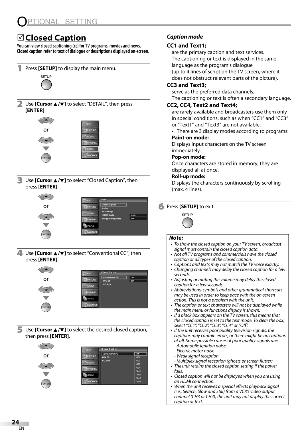 Sylvania LC195SL9C owner manual 5Closed Caption, Caption mode, CC1 and Text1, CC3 and Text3, CC2, CC4, Text2 and Text4 