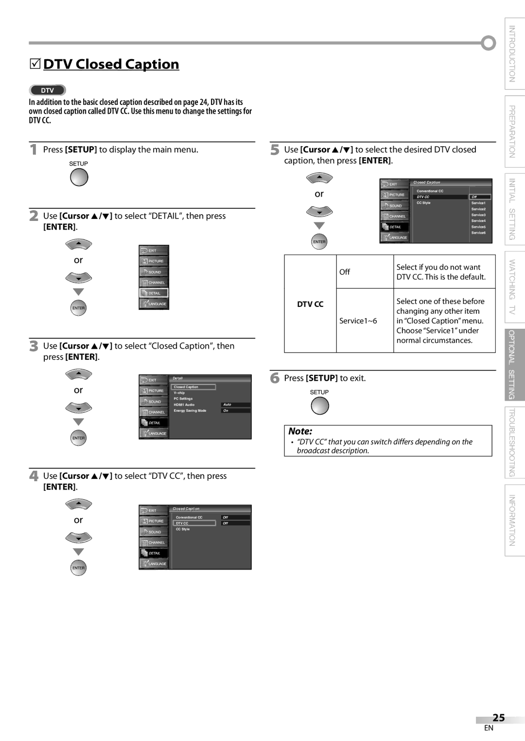 Sylvania LC195SL9C owner manual 5DTV Closed Caption, Dtv Cc, Use Cursor K/L to select DTV CC, then press Enter 