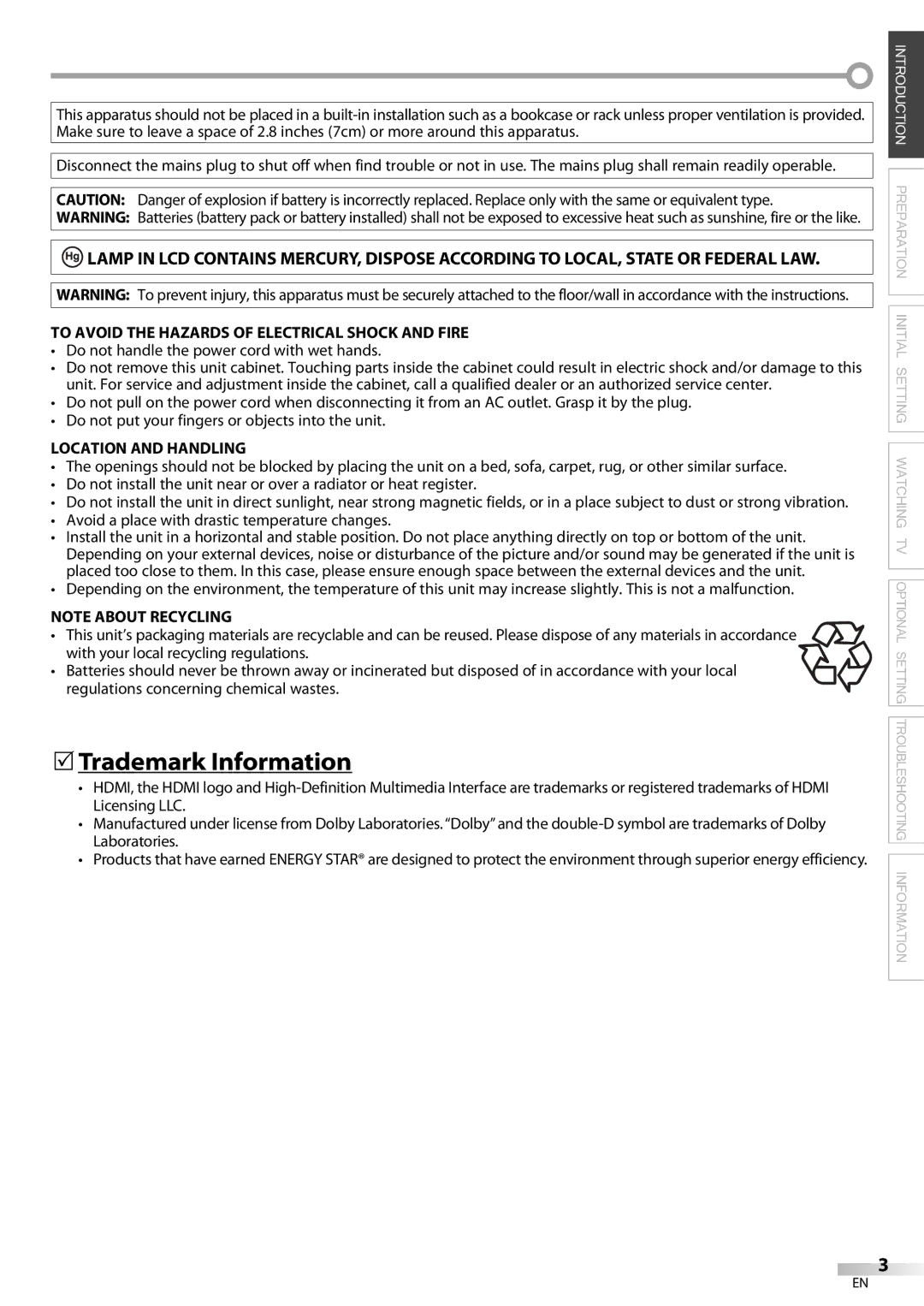 Sylvania LC195SL9C 5Trademark Information, To Avoid the Hazards of Electrical Shock and Fire, Location and Handling 