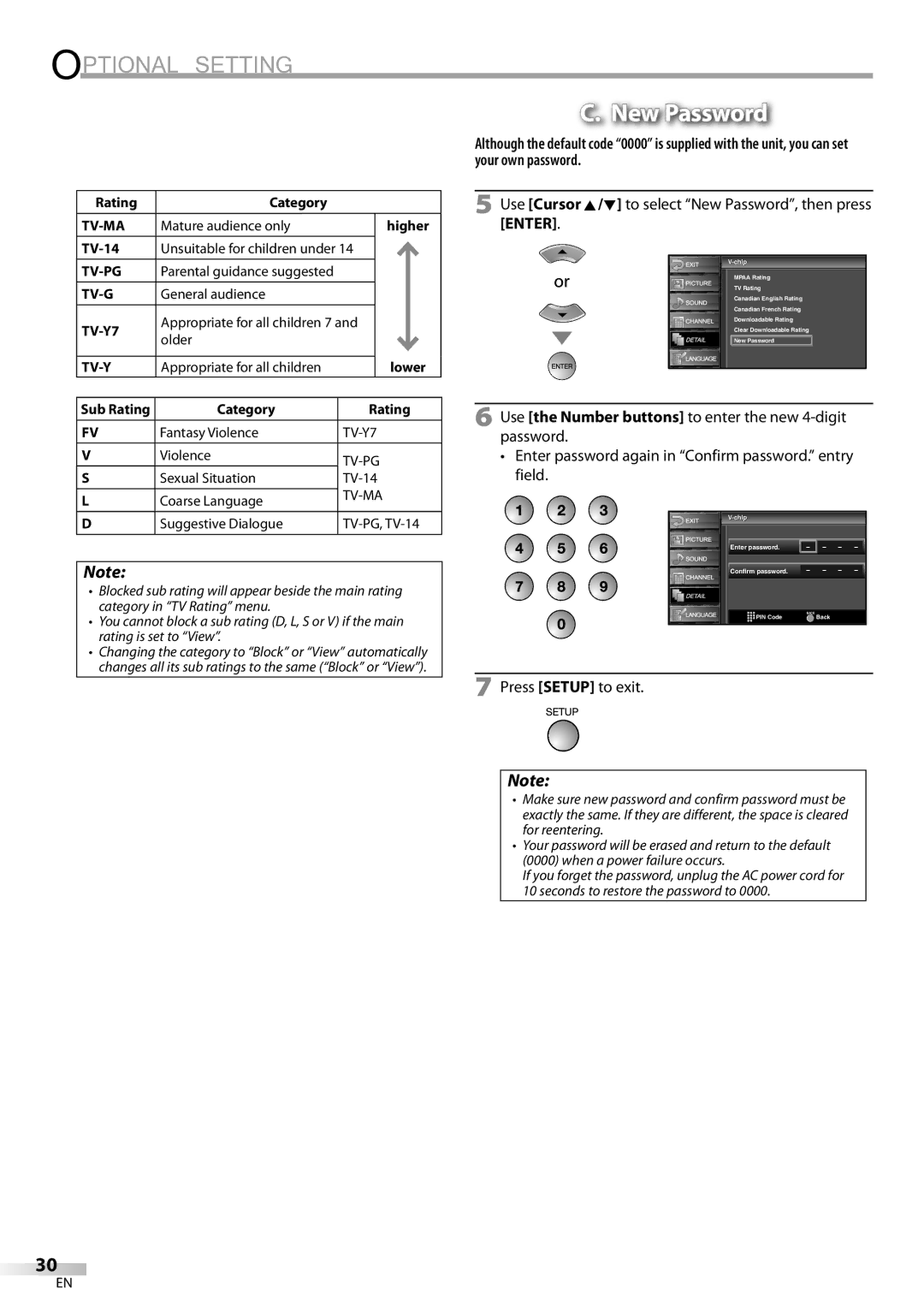 Sylvania LC195SL9C Use Cursor K/L to select New Password, then press Enter, Rating Category, TV-14, Category Rating 