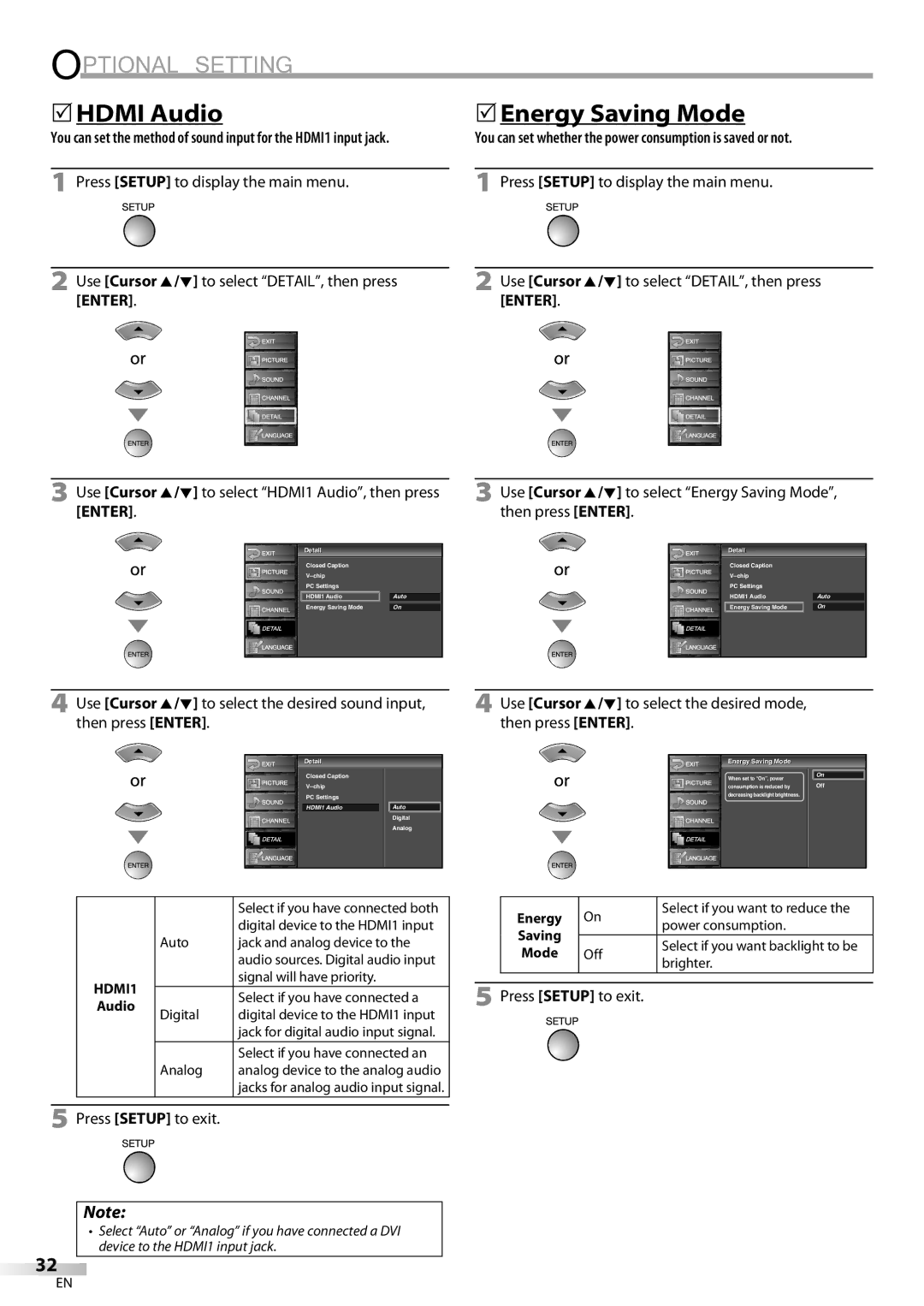 Sylvania LC195SL9C owner manual 5HDMI Audio, 5Energy Saving Mode, To select Energy Saving Mode, Then press Enter 
