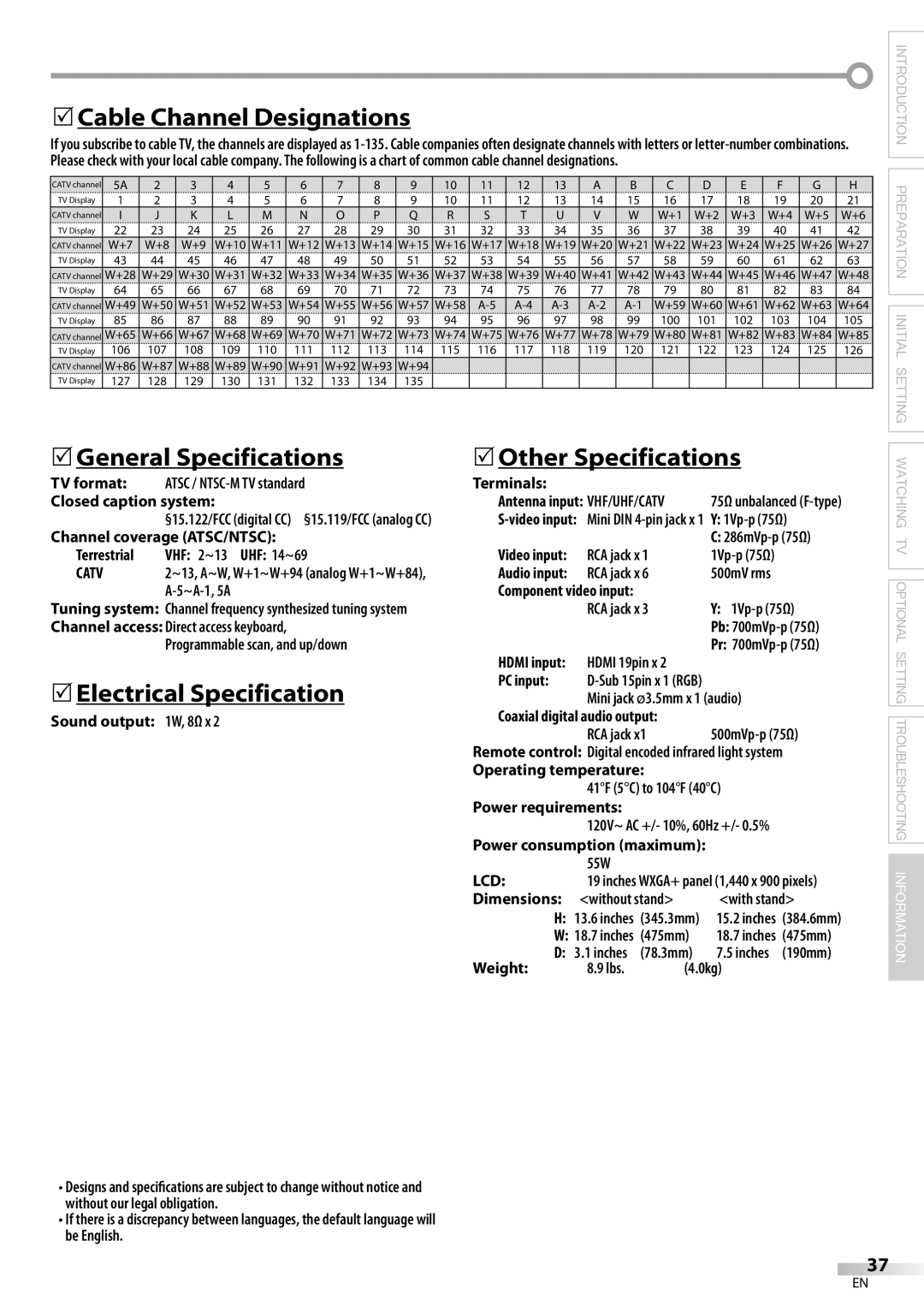 Sylvania LC195SL9C 5Cable Channel Designations, 5General Specifications, 5Electrical Specification, 5Other Specifications 