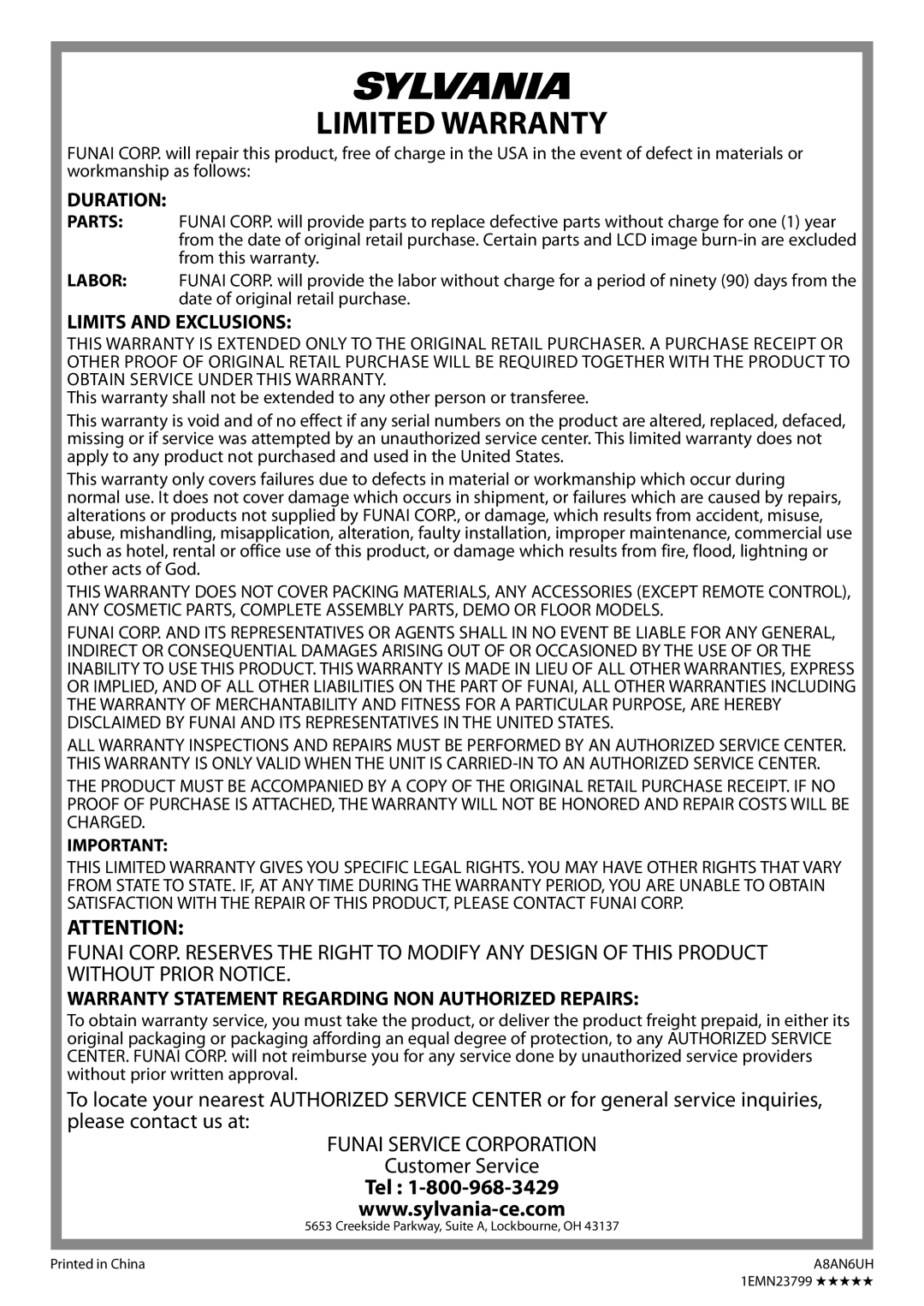 Sylvania LC195SL9C owner manual Limited Warranty 