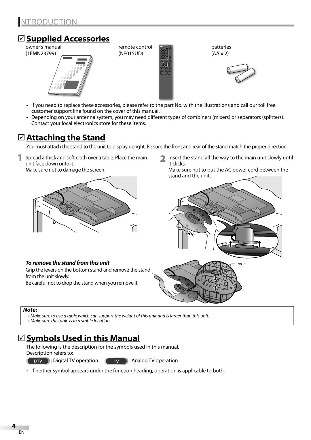 Sylvania LC195SL9C owner manual 5Supplied Accessories, 5Attaching the Stand, 5Symbols Used in this Manual, Remote control 